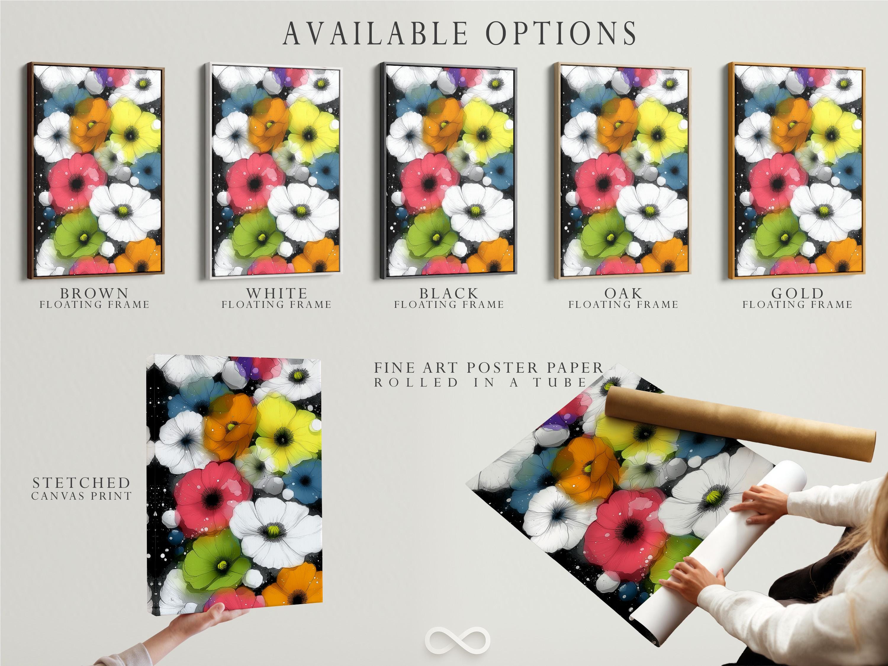Wall mockup featuring a framed floral artwork with bright poppy-like flowers