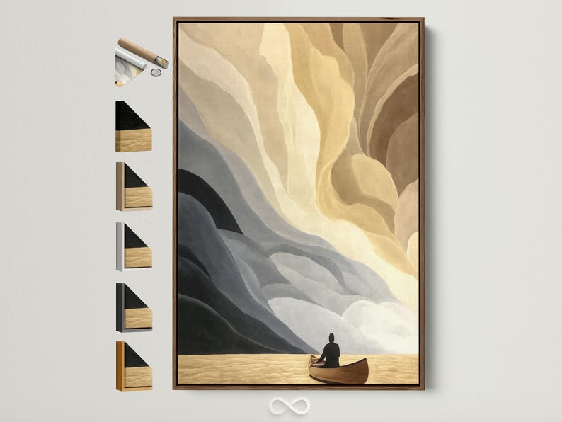 Minimalist beige abstract seascape with layered waves and a small boat silhouette