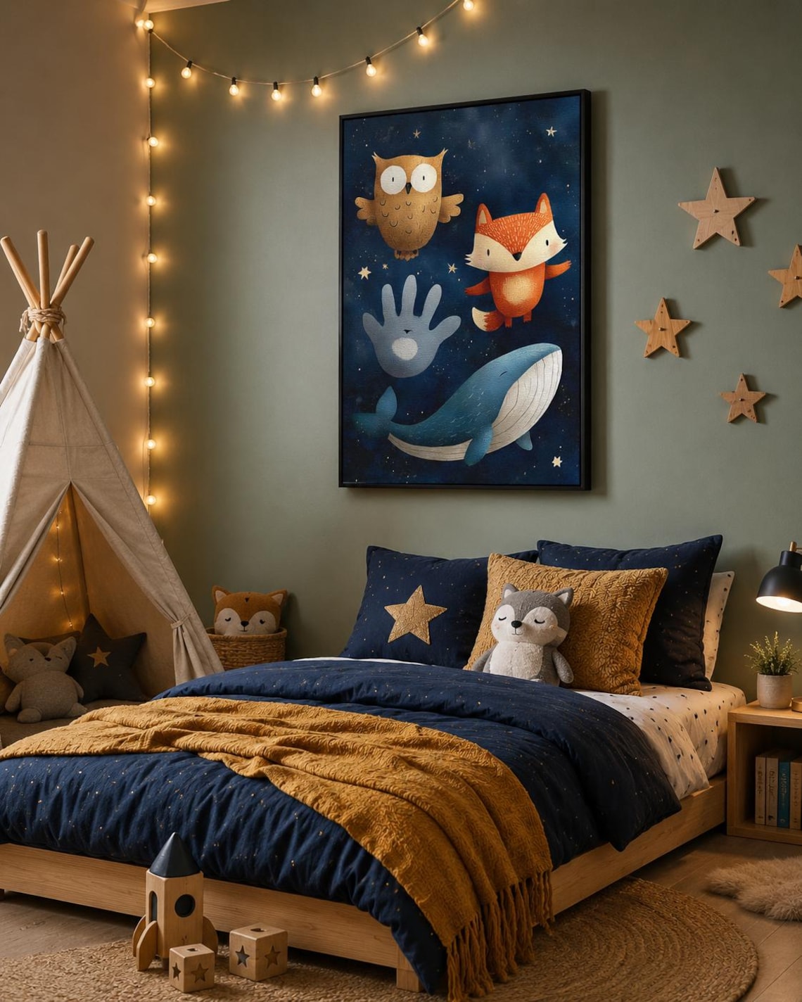 Illustrated whale, fox and owl in a navy starry-night scene with stars detail view