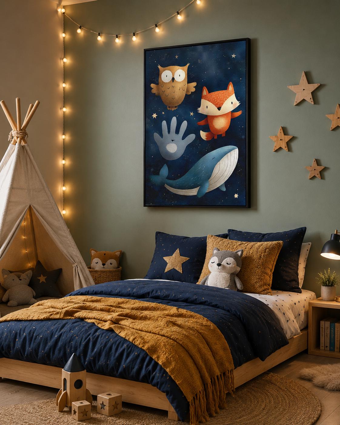 Illustrated whale, fox and owl in a navy starry-night scene with stars detail view