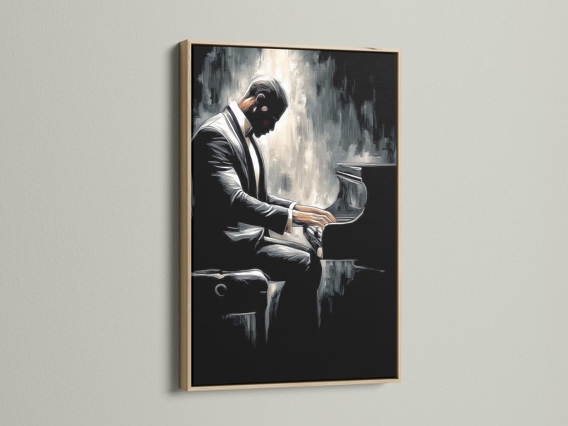 Black and white illustration of a pianist playing a grand piano in profile detail view