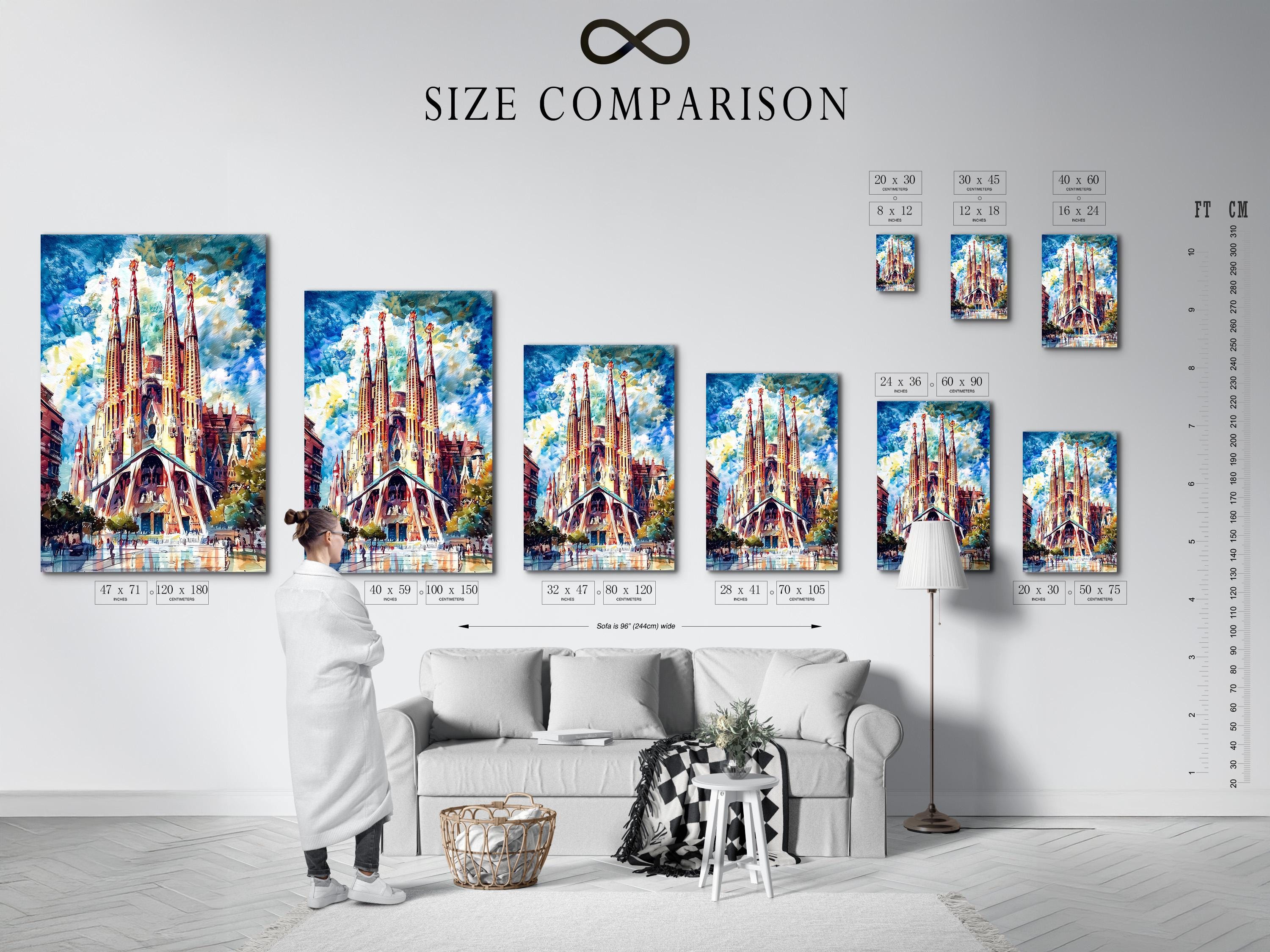 Room mockup showing a framed cathedral spires artwork on a blue wall above a desk