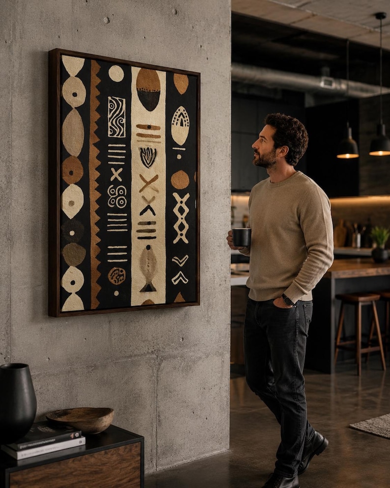Beige and black geometric tribal pattern artwork in a vertical rectangle