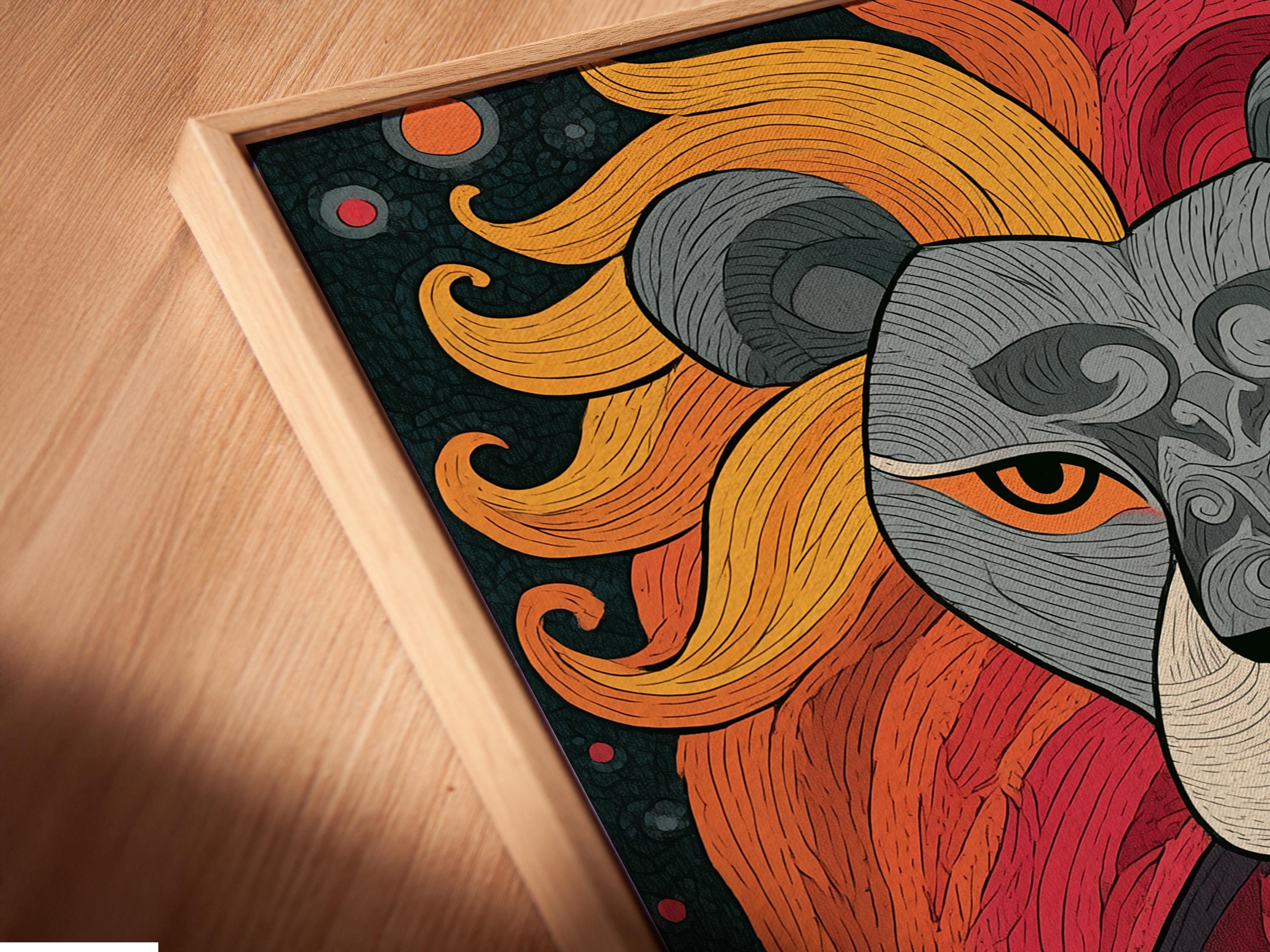 Lion portrait artwork shown in a framed mockup display