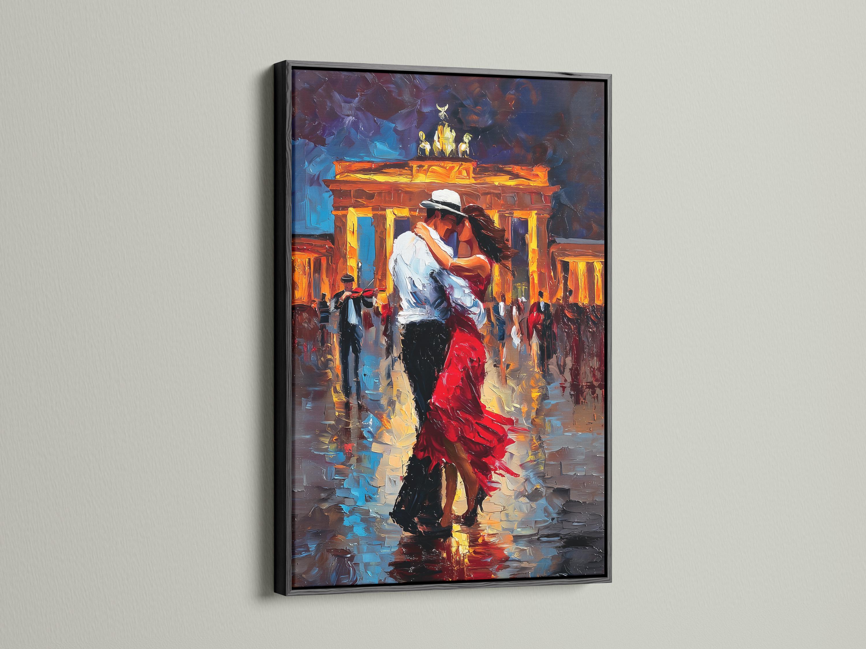 Painterly night cityscape showing a dancing couple with warm glowing buildings, blue shadows and red accents detail view