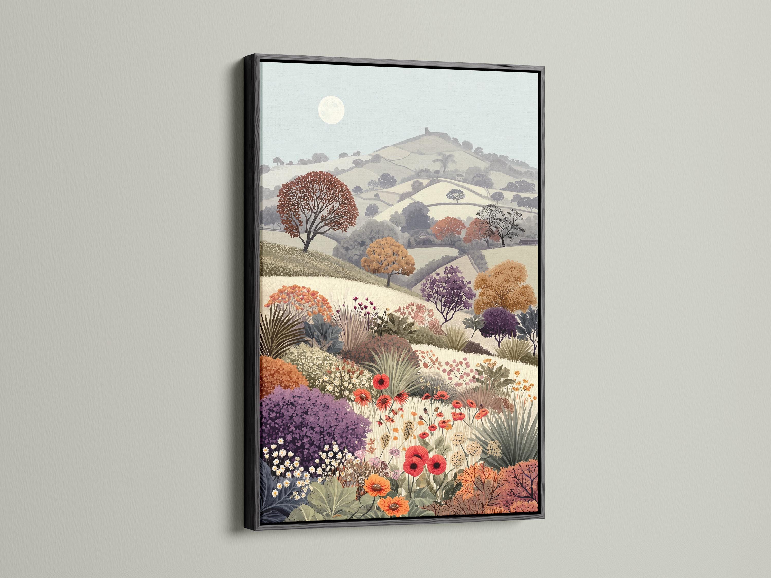 Portrait countryside landscape with rolling hills, a pale sun, and a dense meadow of colourful flowers detail view