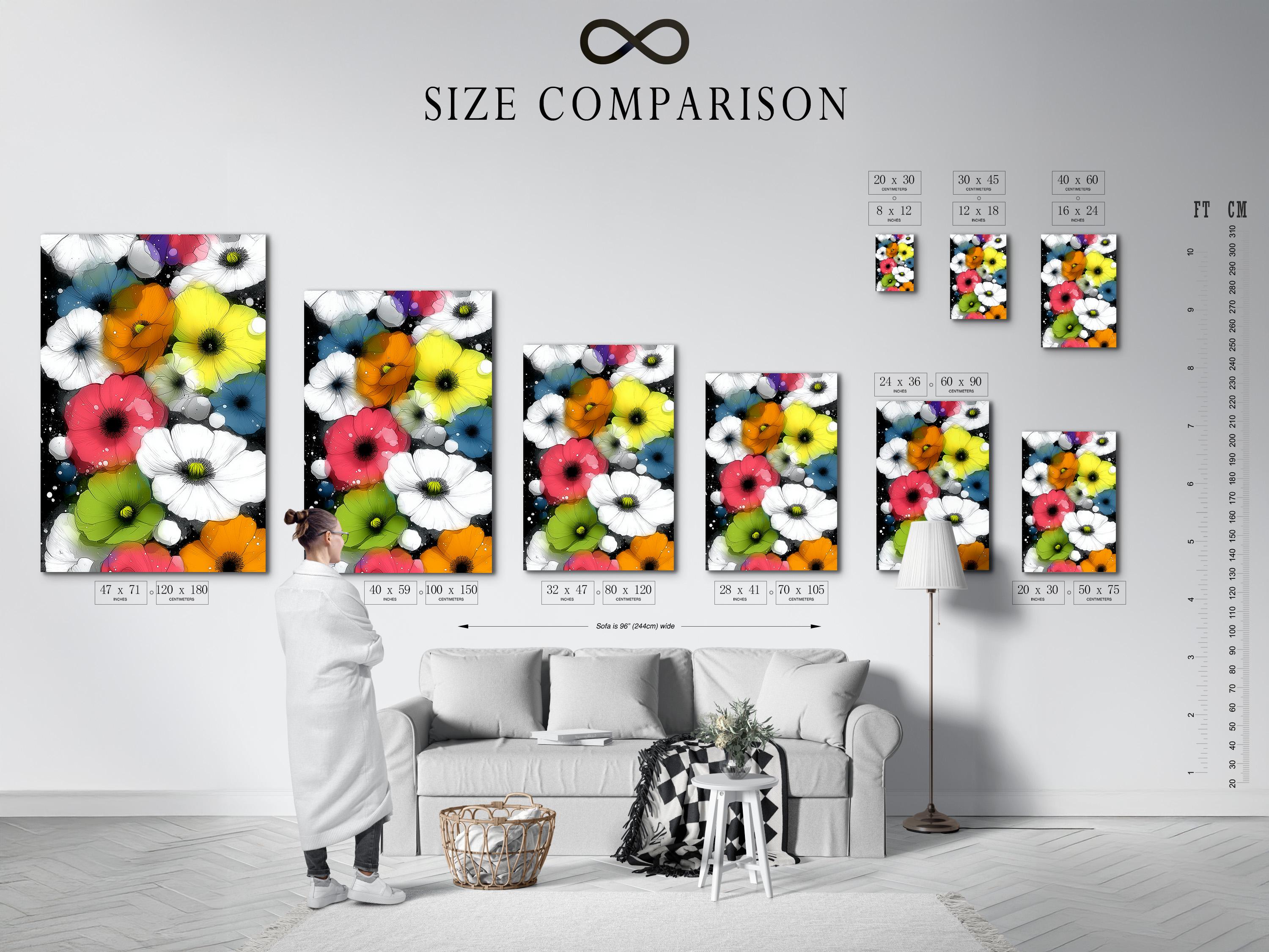 Wall mockup featuring a framed floral artwork with bright poppy-like flowers