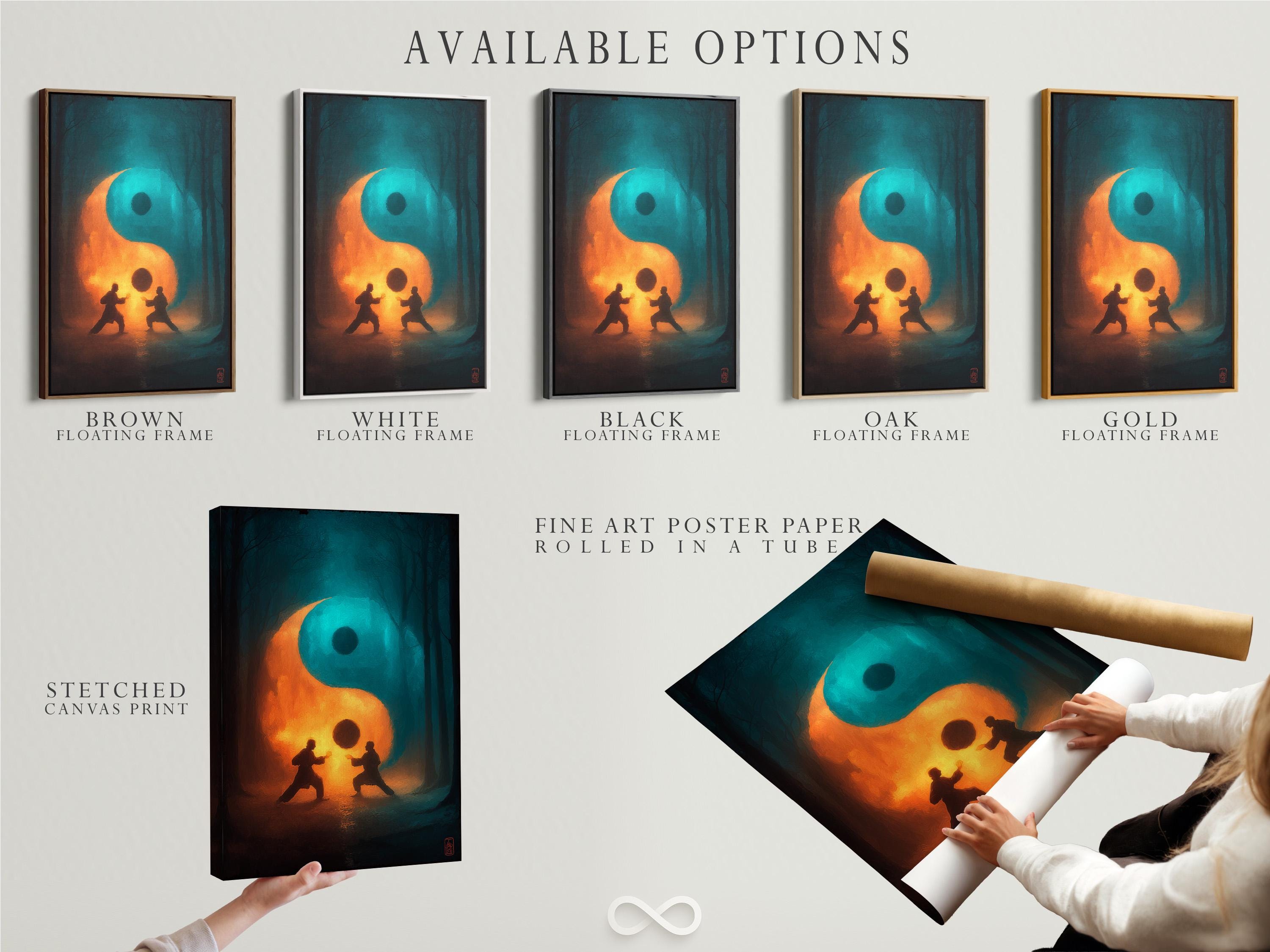 Room mockup showing a framed artwork with a teal and orange yin-yang symbol and two meditating figures