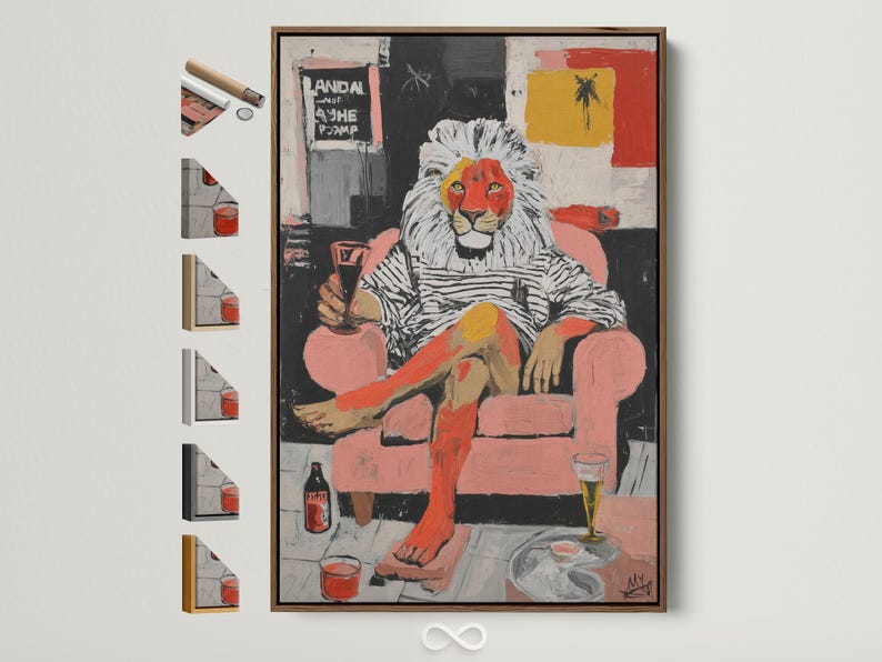 Pop-art lion illustration with red face, white mane and black-and-white stripes