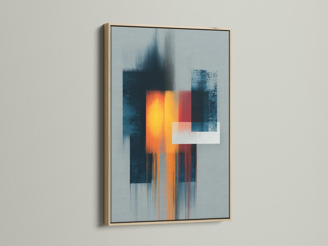 Geometric abstract artwork with teal and grey blocks and a glowing orange-yellow square detail view