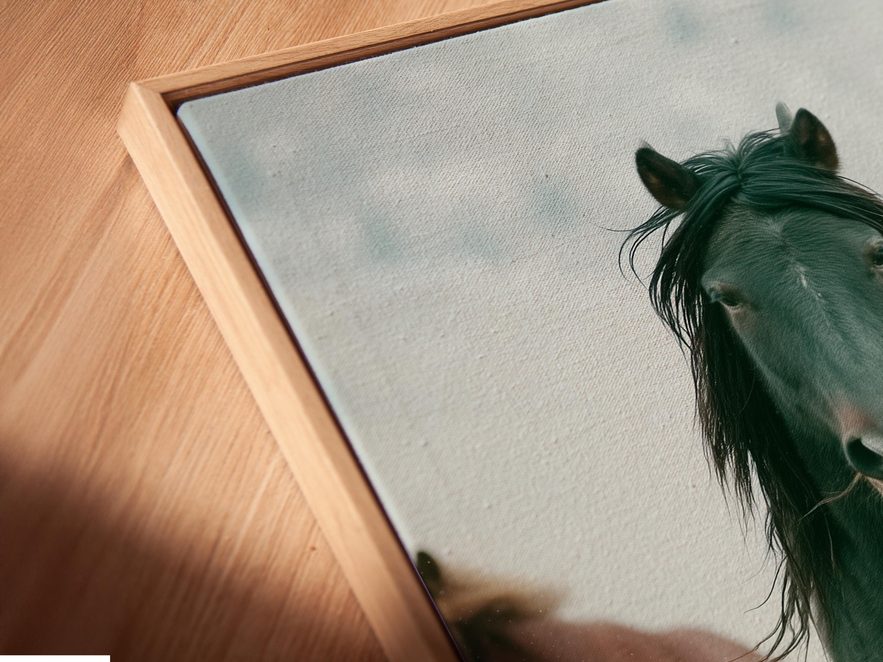 Muted green horse portrait with a pale misty background and a blurred second horse detail view
