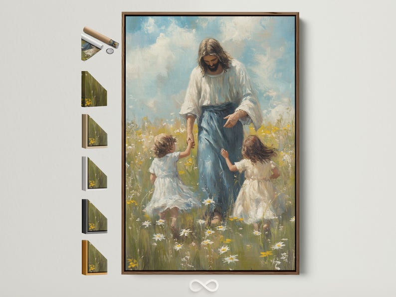 Religious meadow painting with an adult figure in light robes and two children among flowers