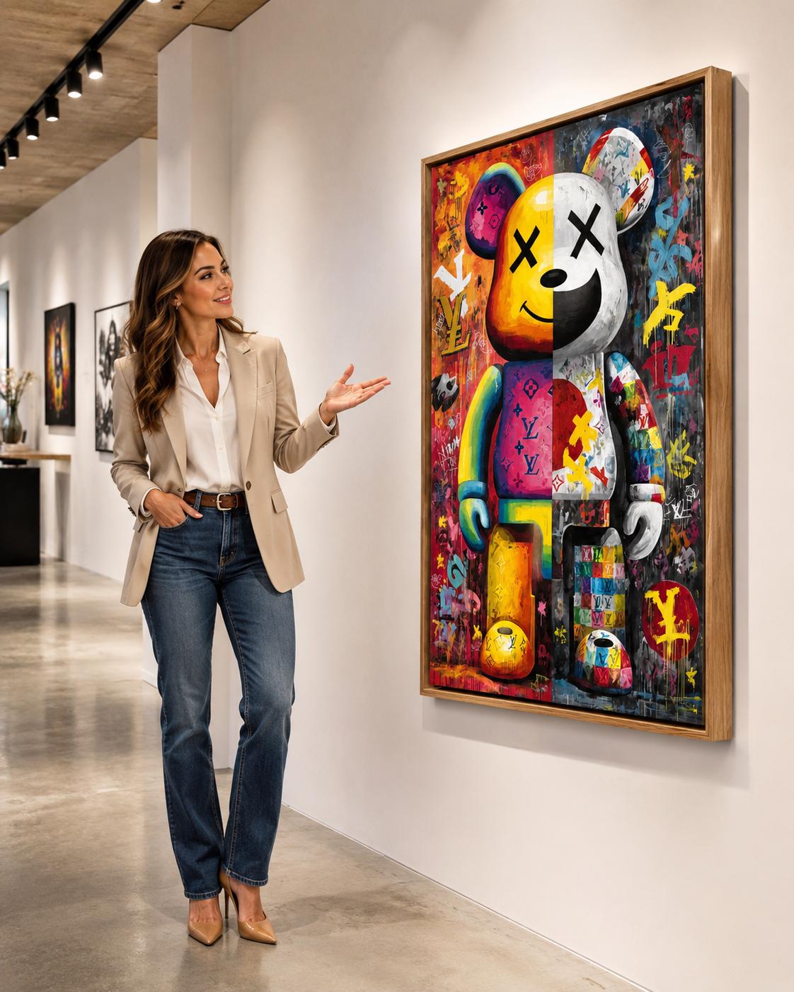 A bright pop-art style bear figure is shown amid graffiti-like colours and stickers, framed by bold black outlines and layered poster textures detail