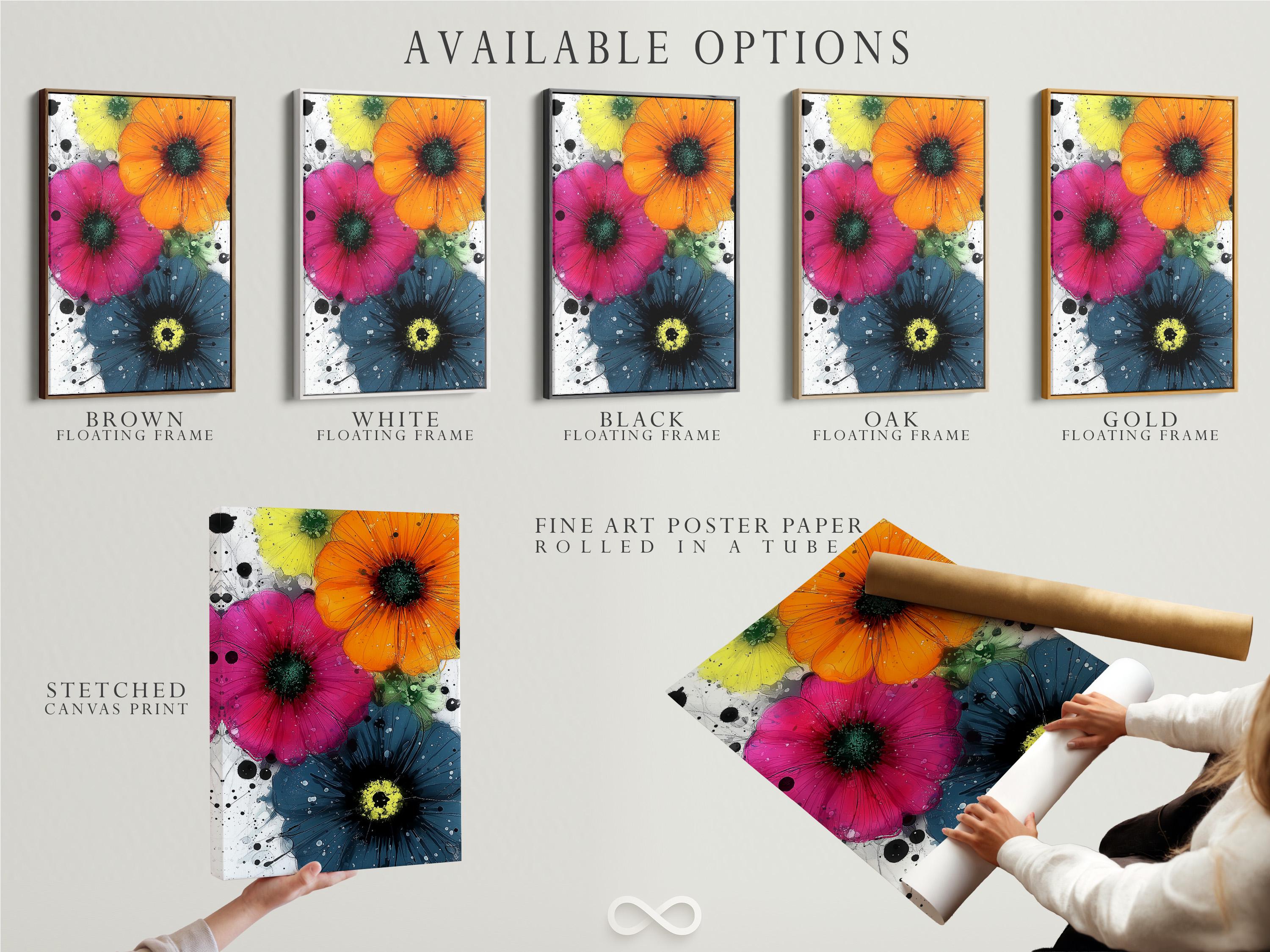 A vibrant, painterly floral composition shows three large stylised flowers with dark centres over white splatter-like backgrounds in pink, orange