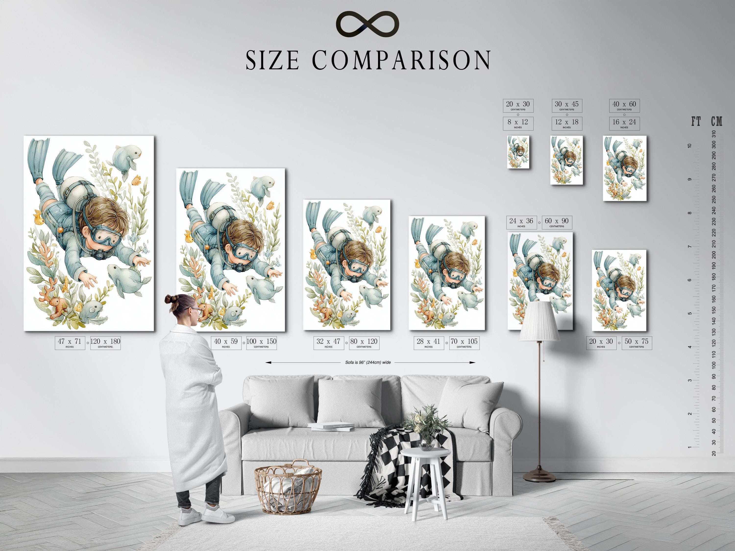 Mockup showing a framed underwater diver illustration with fish and coral