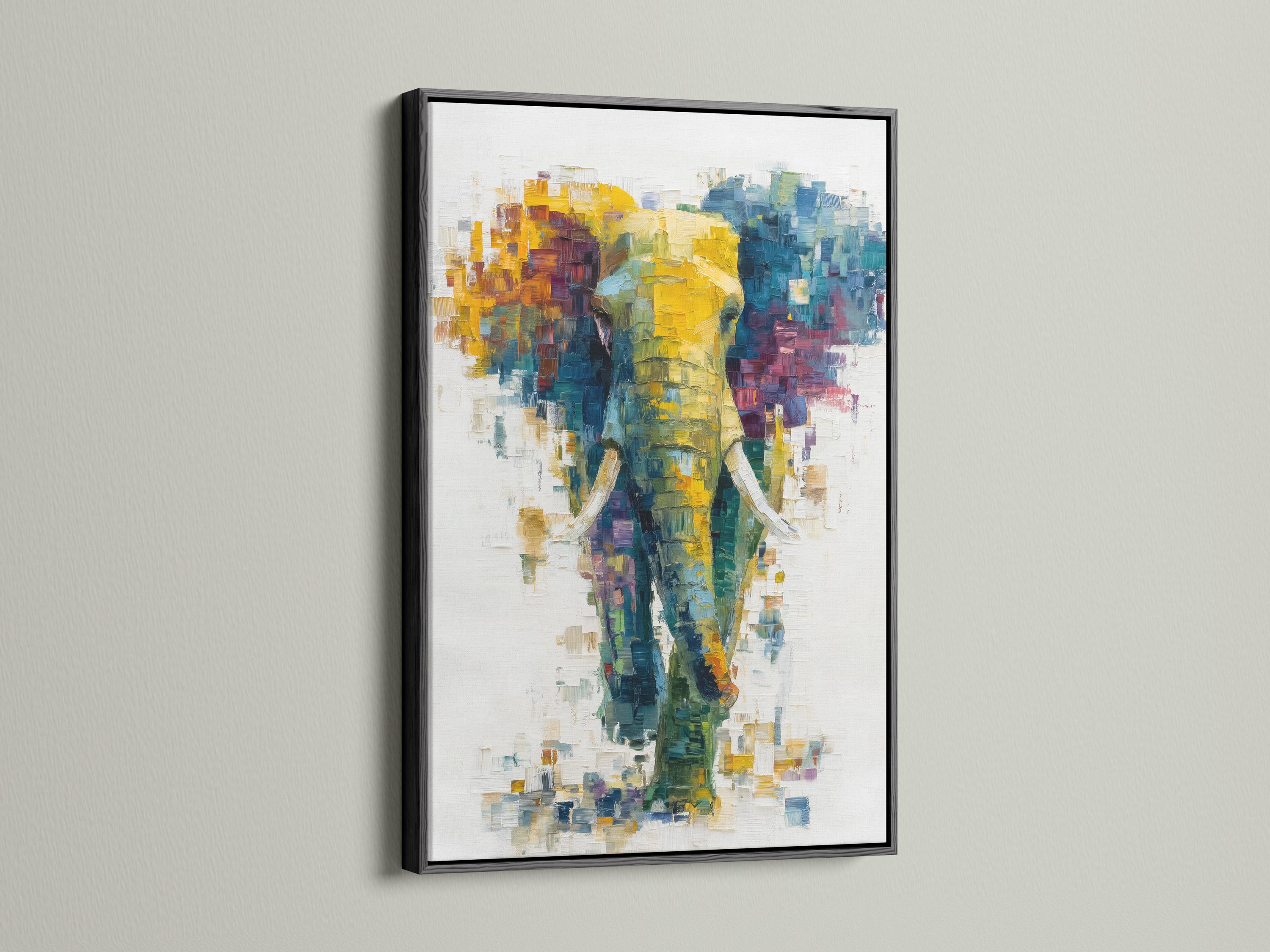 Abstract elephant artwork with layered teal, yellow and magenta colour blocks on an off-white background detail view