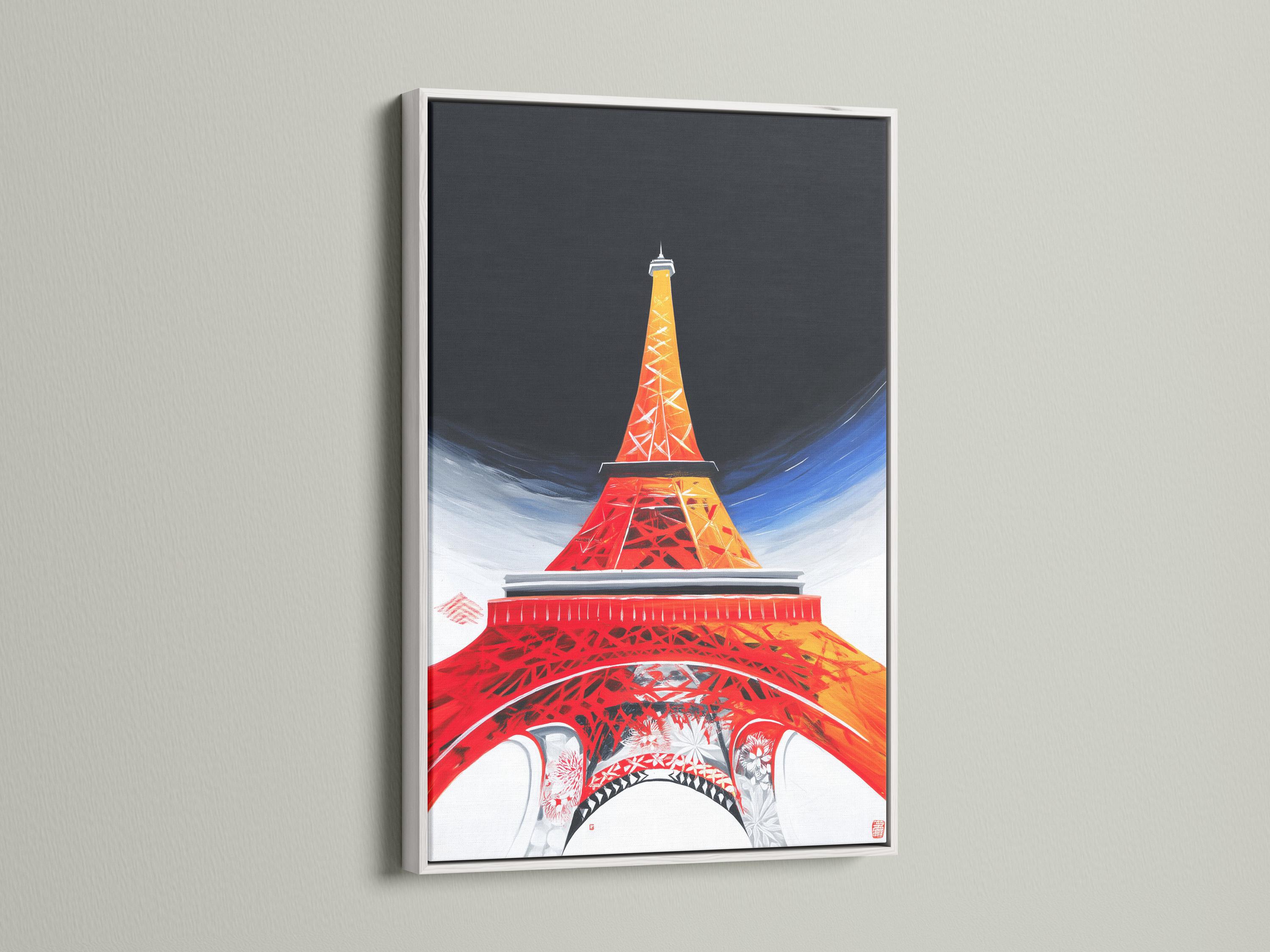 Room mockup showing framed Eiffel Tower artwork in red, orange and blue