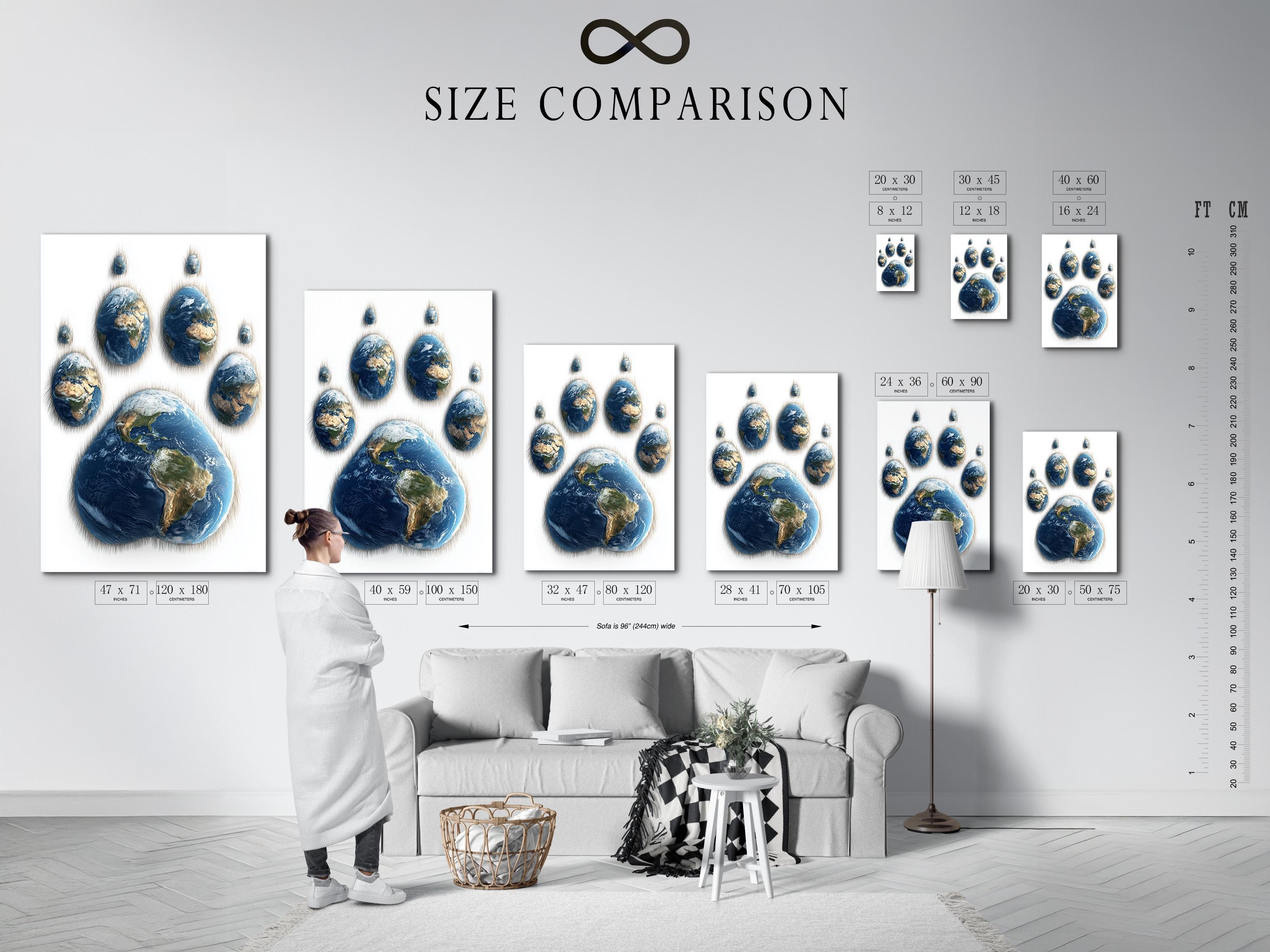 Globe Earth paw print with deep blue oceans and green and beige landmasses on a light background detail view