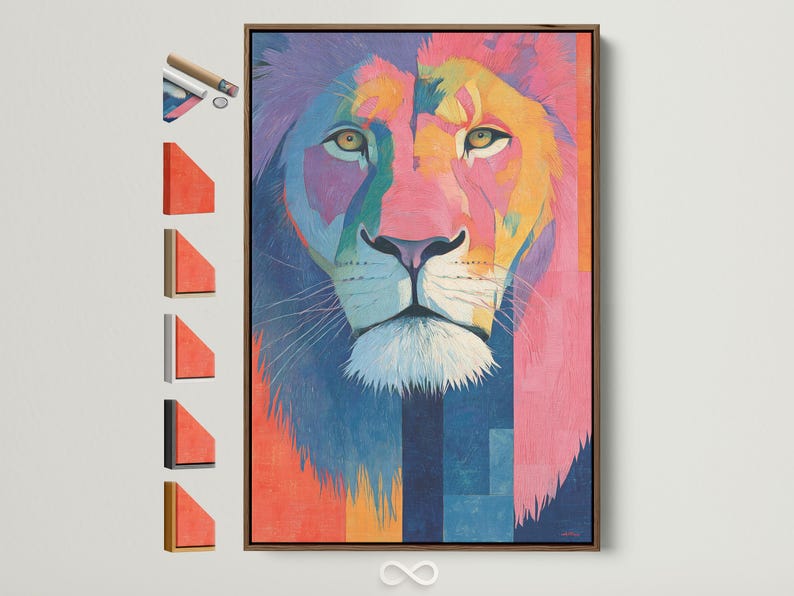 Colourful stylised lion portrait with hot pink, blue, teal and yellow tones