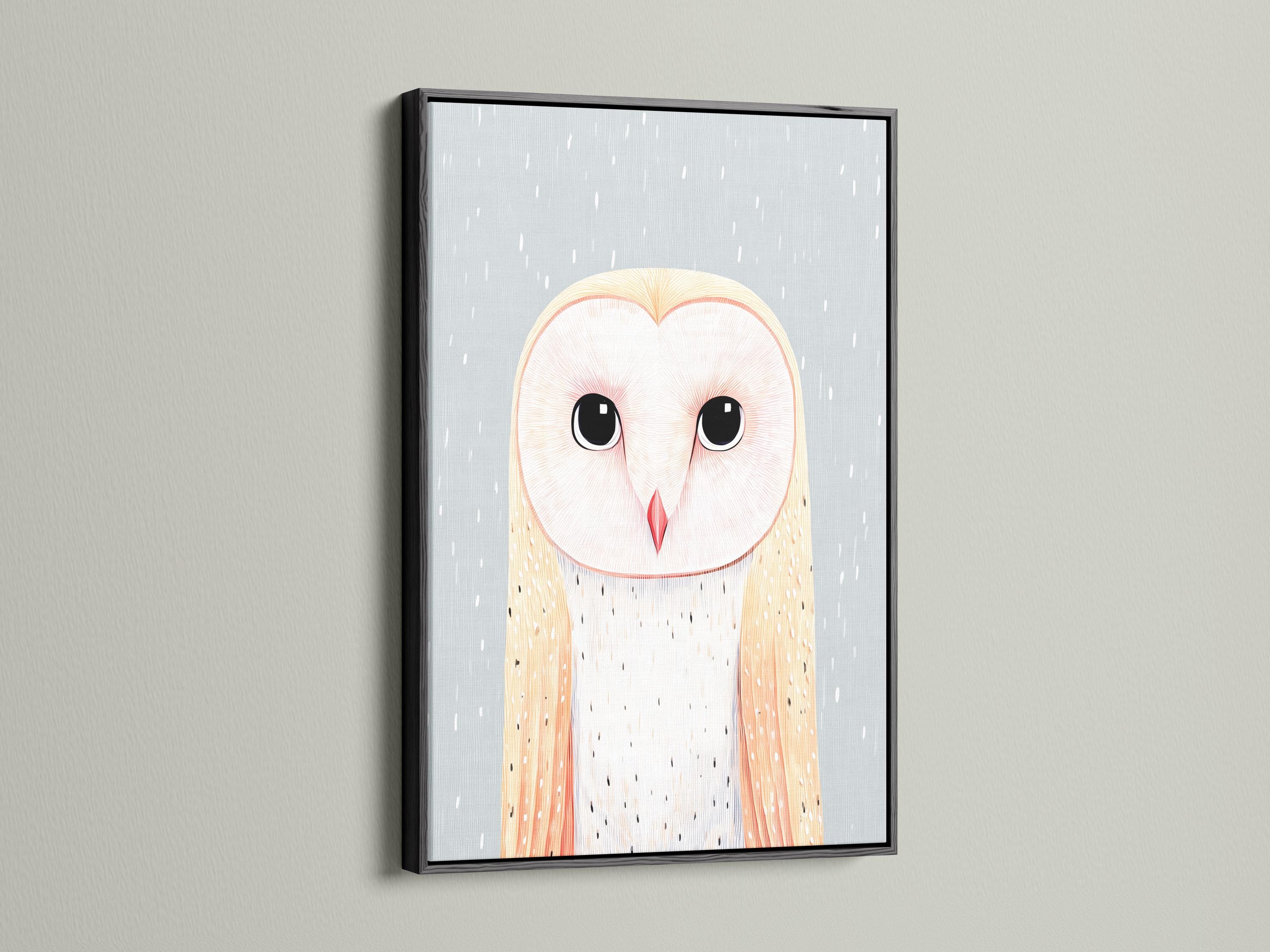 Illustrated pastel owl with large dark eyes and a red beak on a pale blue background detail view