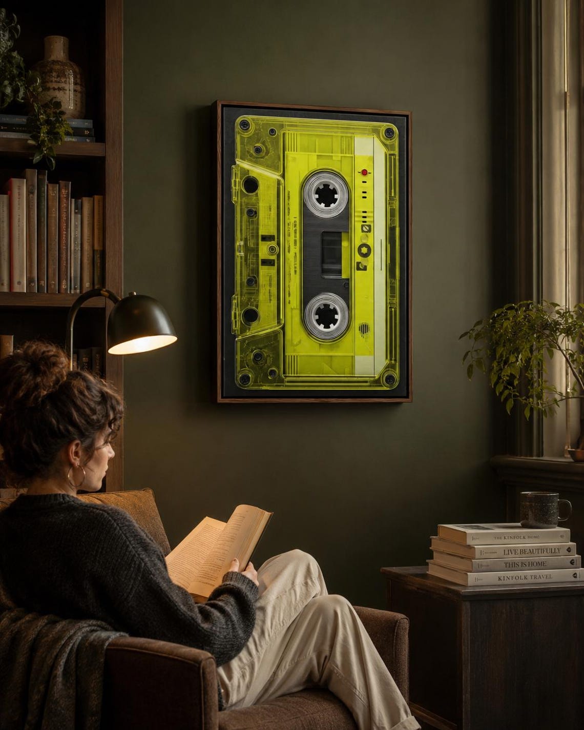 Neon lime cassette tape graphic framed in black with spool circles and a red dot detail detail view