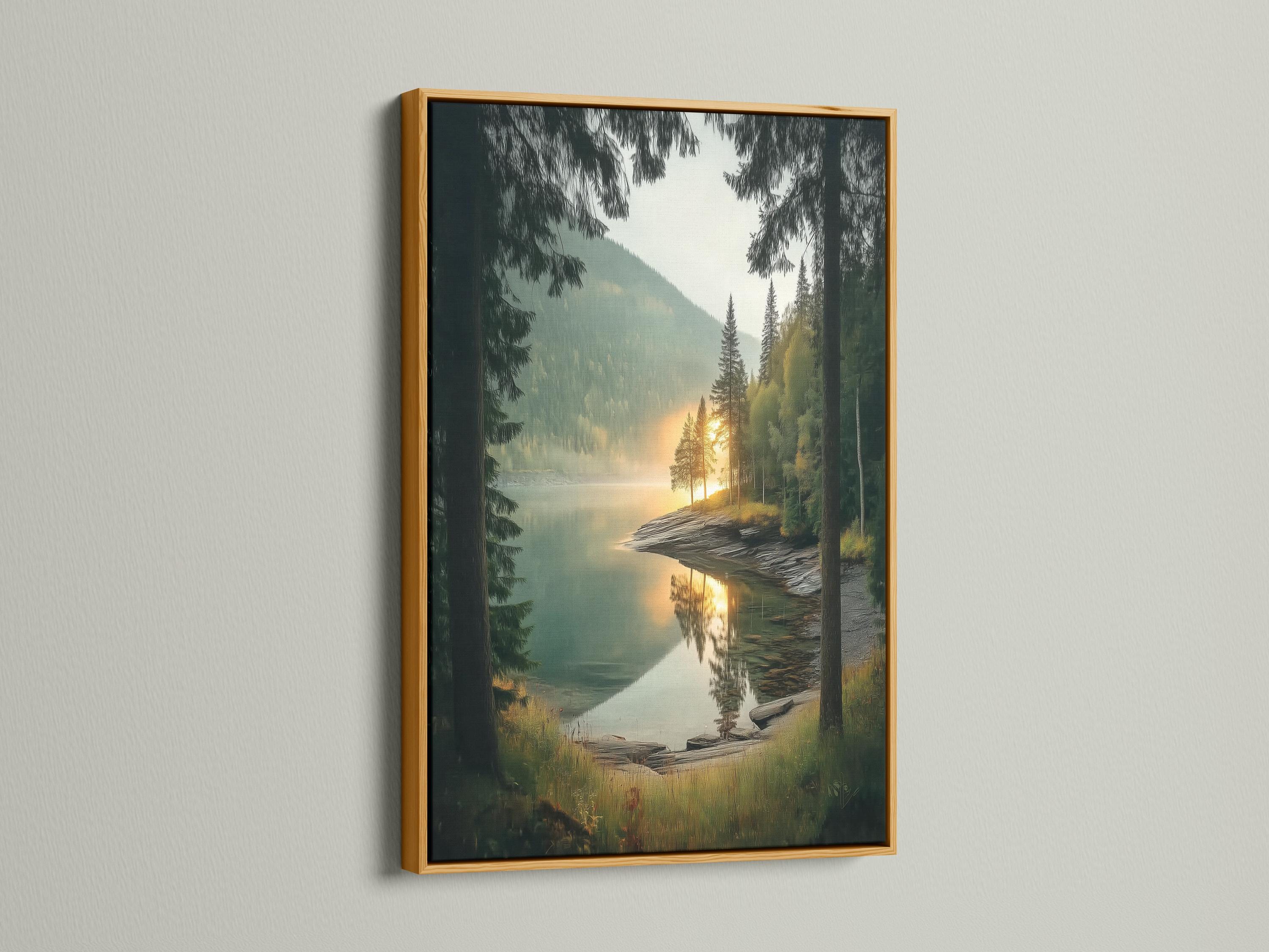 Landscape artwork of a misty lake with evergreen trees and sunrise reflections detail view