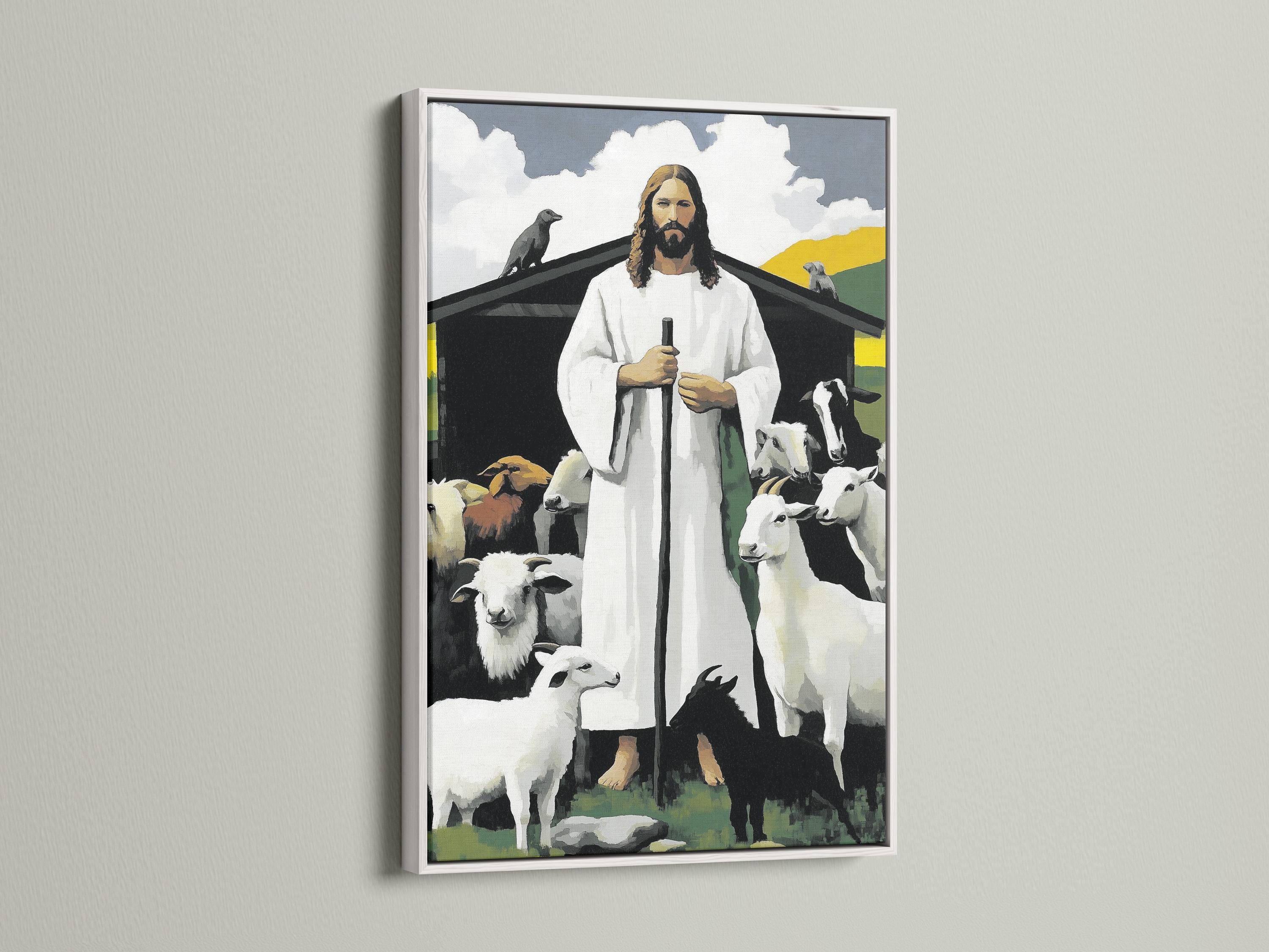 Painterly religious scene with haloed shepherd figure in white robes holding a staff and surrounded by sheep detail view