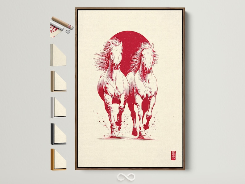 Two white horses rearing beneath a deep red circle on a warm beige background