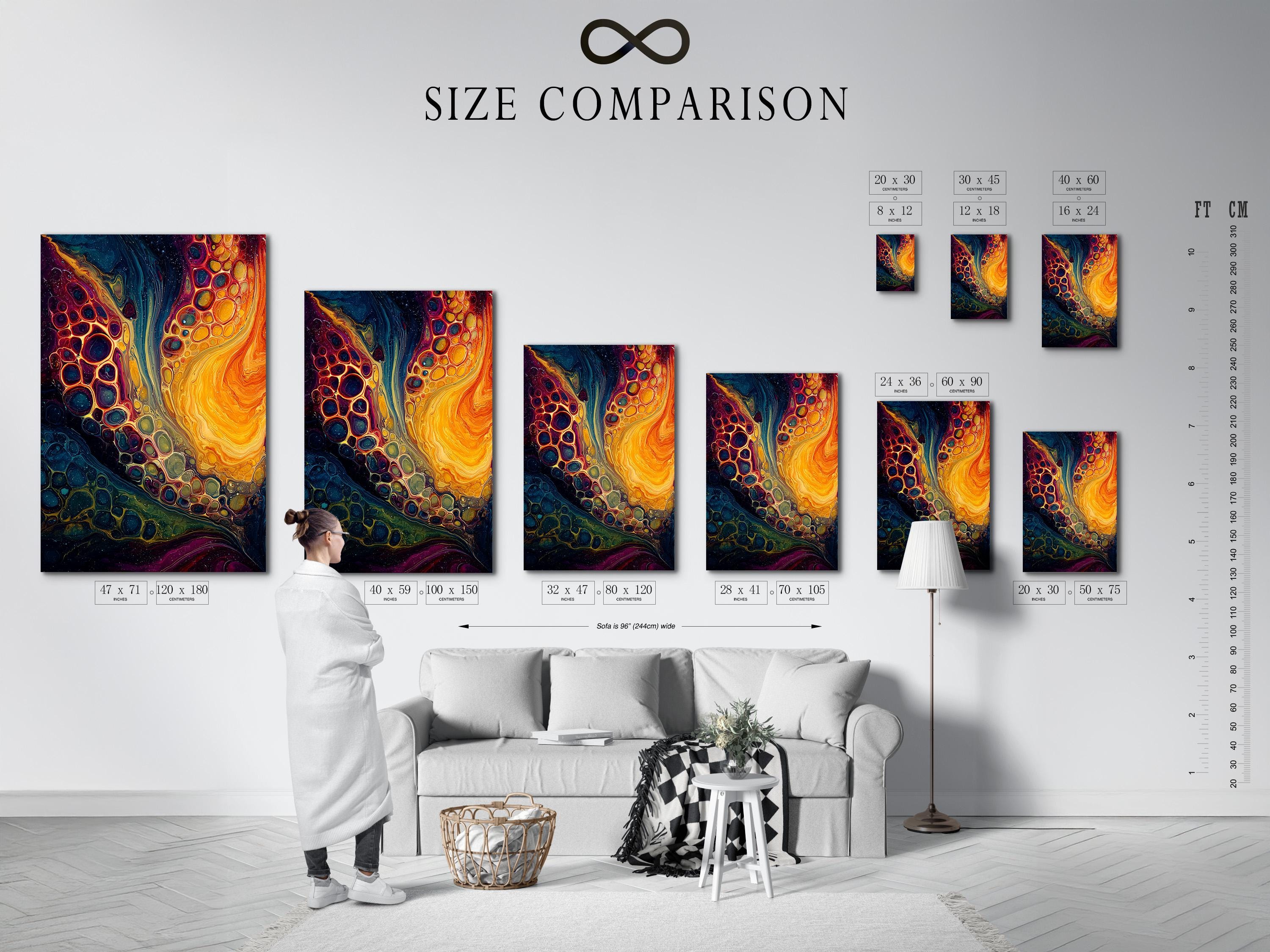 Vivid fluid abstract painting with teal and orange gold tones and bubble-like cells detail view