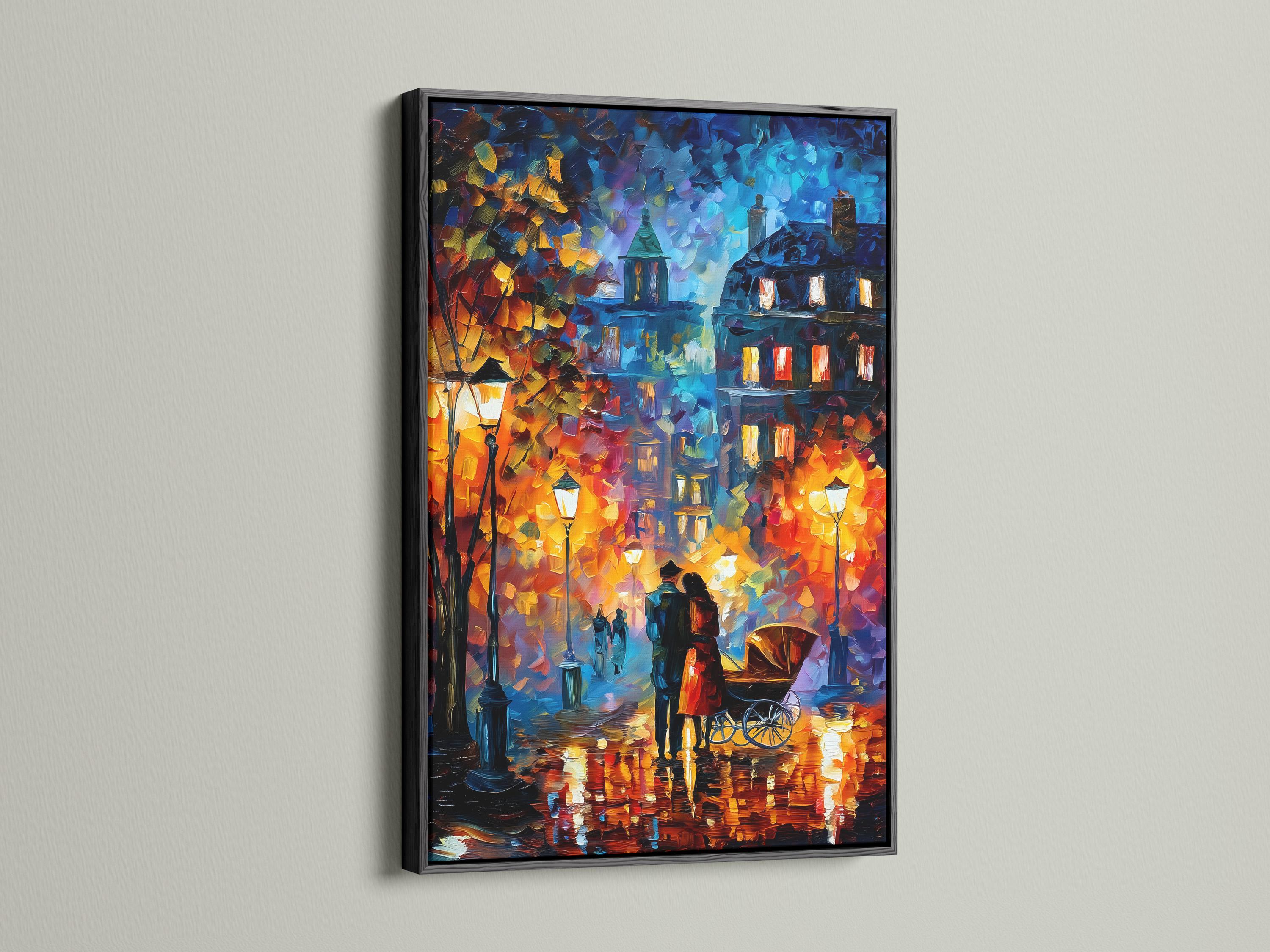 Room mockup showing a framed impressionist city street artwork on a wall