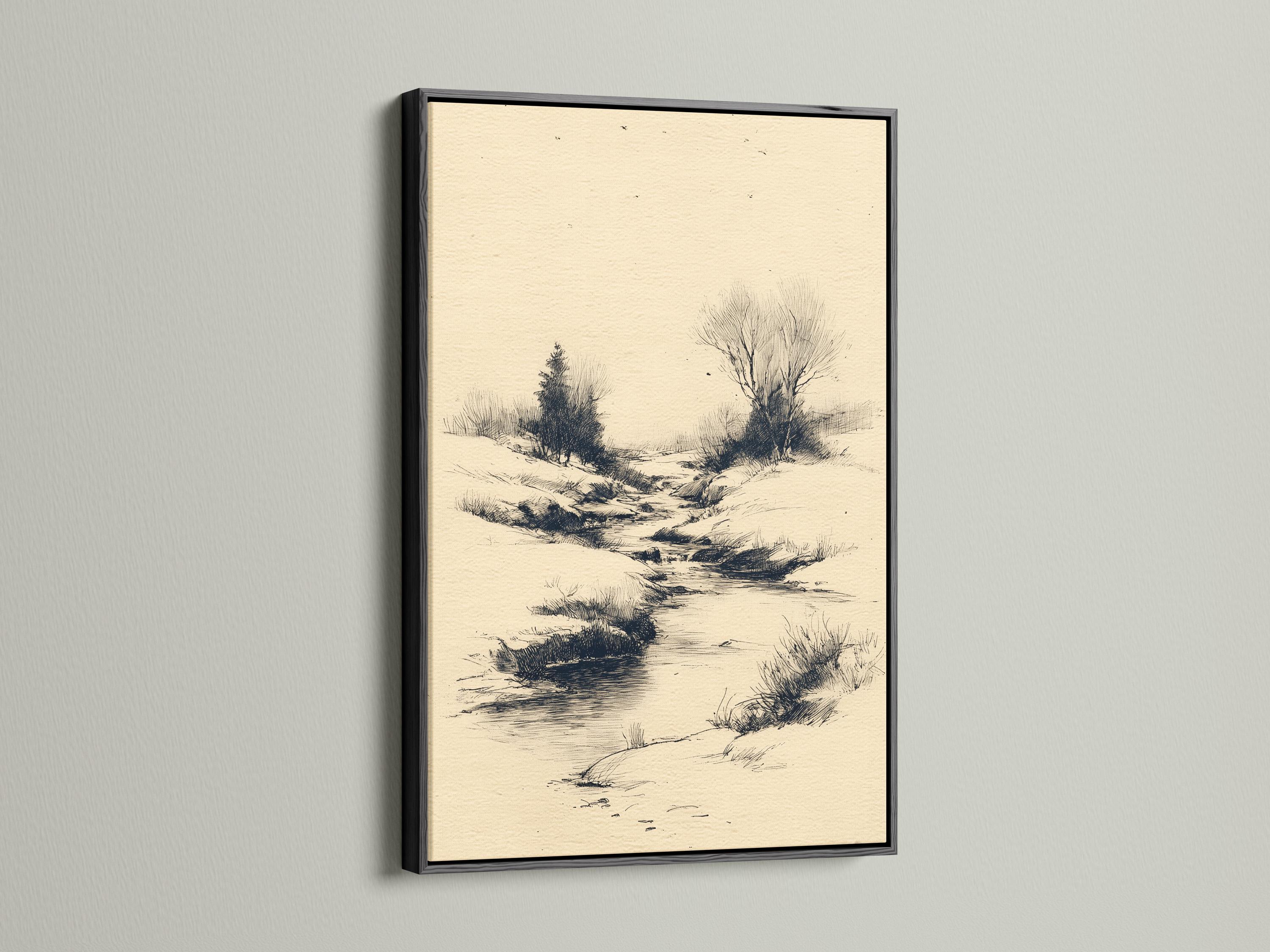Woman holding a large framed beige river landscape sketch on a light wall in a bright room