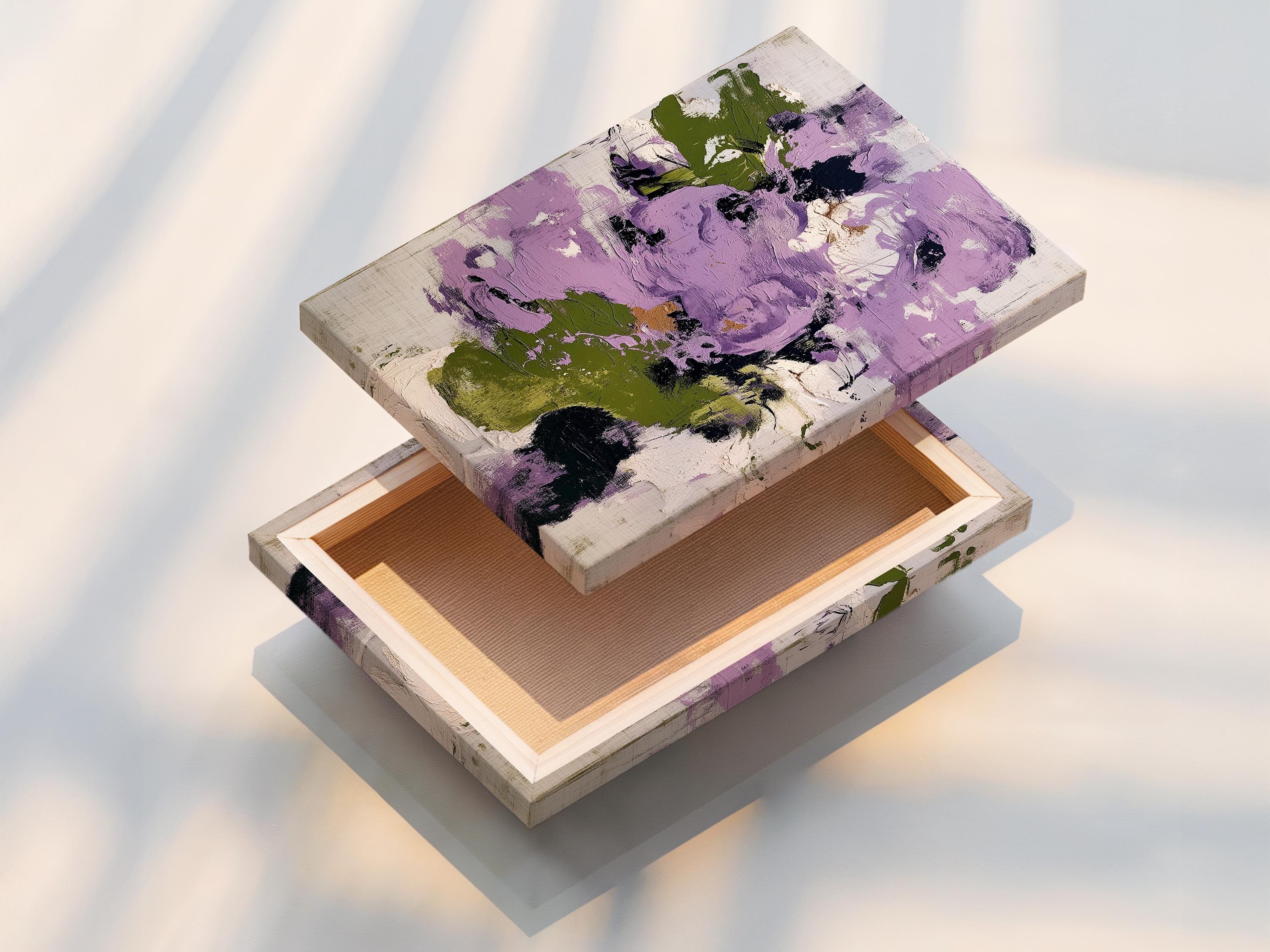 Abstract floral artwork with lilac and purple shapes, muted green accents and textured brush marks detail view