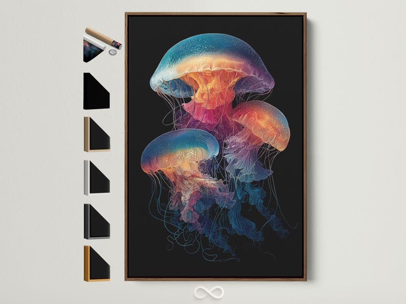 Illustration of a jellyfish with glowing teal, purple and orange colours on a dark background