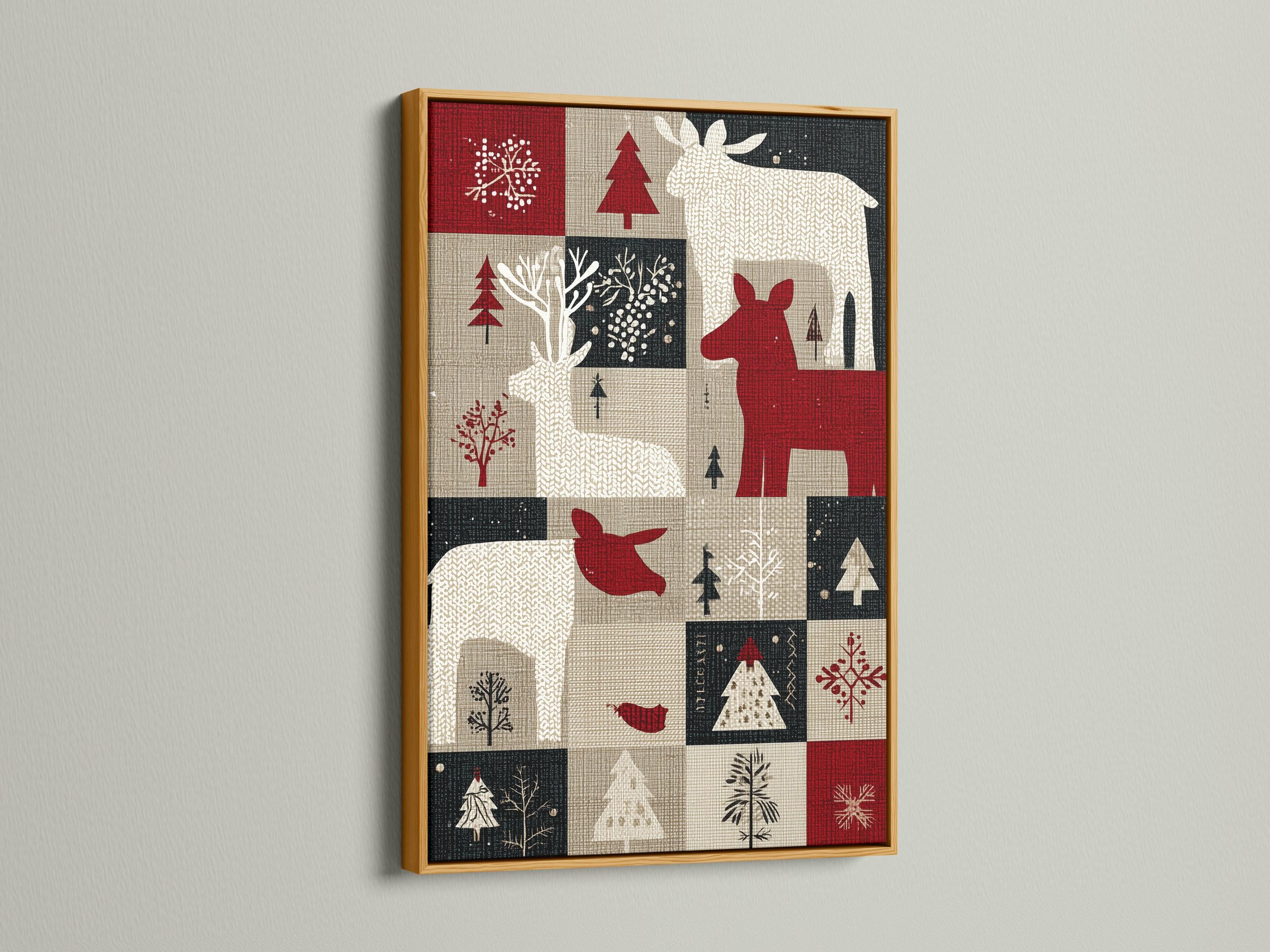 Deep red deer silhouette in a patchwork winter design with trees and snowflake motifs detail view