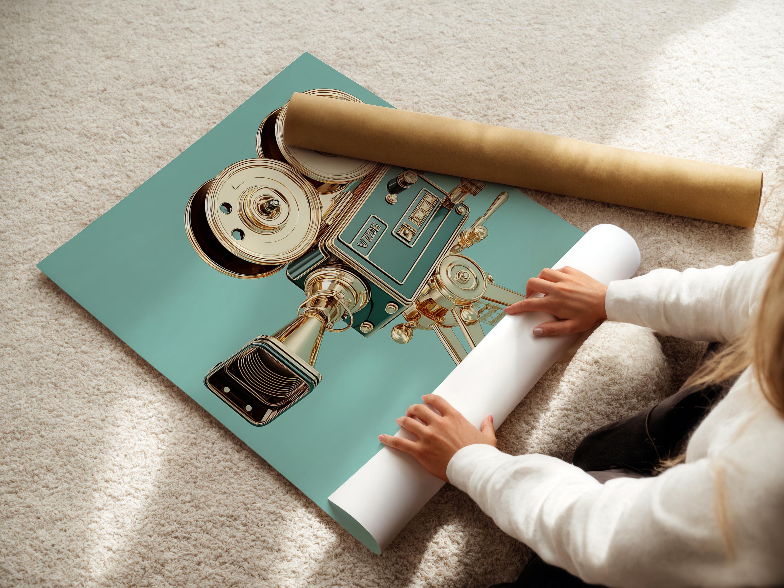 Woman standing beside a framed vintage film camera illustration on a teal background