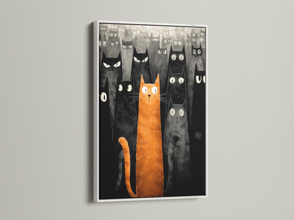 Orange cat and multiple black and grey cats in a textured illustration style detail view