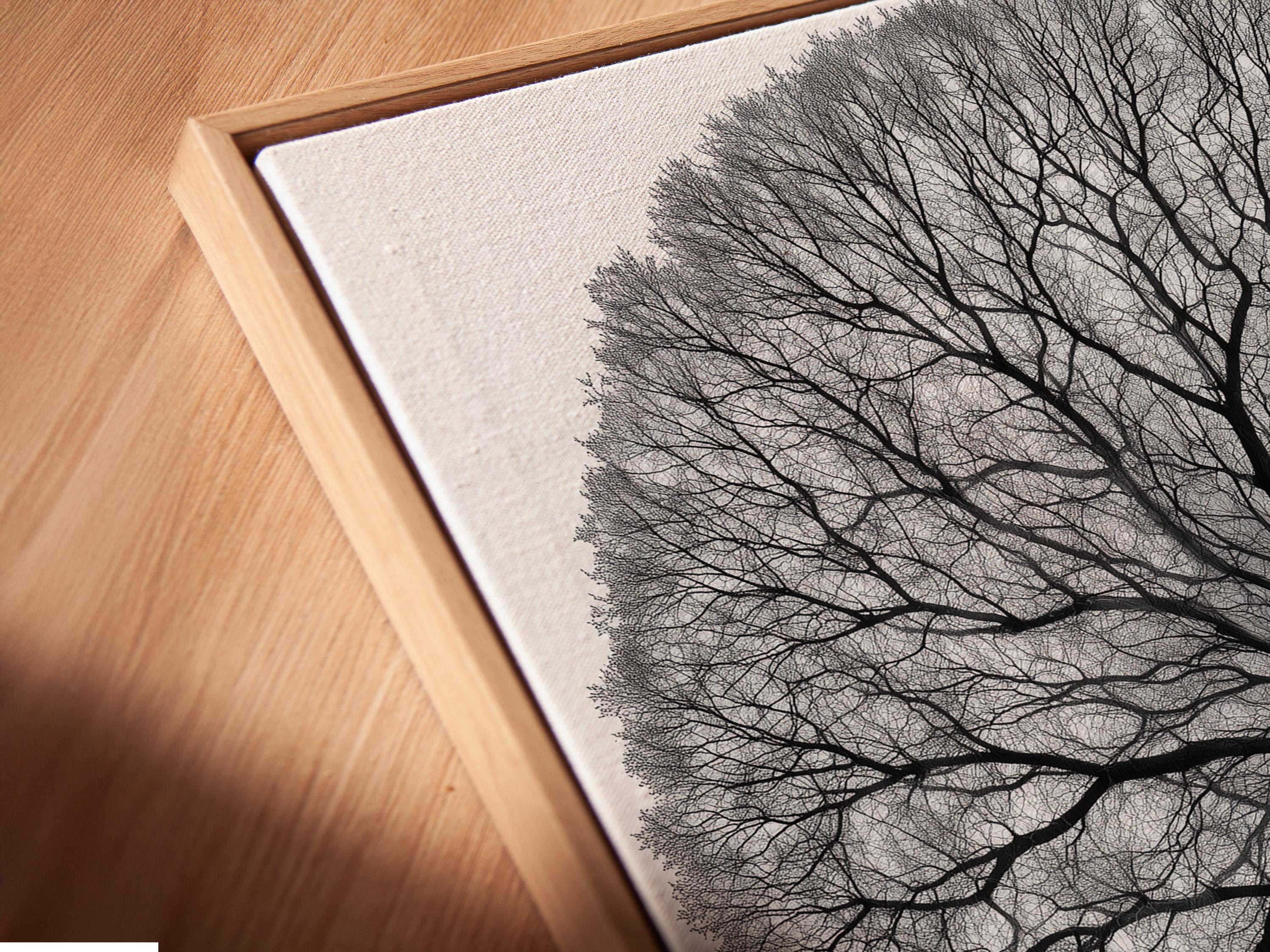 Monochrome tree of life artwork with a circular mandala-like canopy of branches and roots detail view