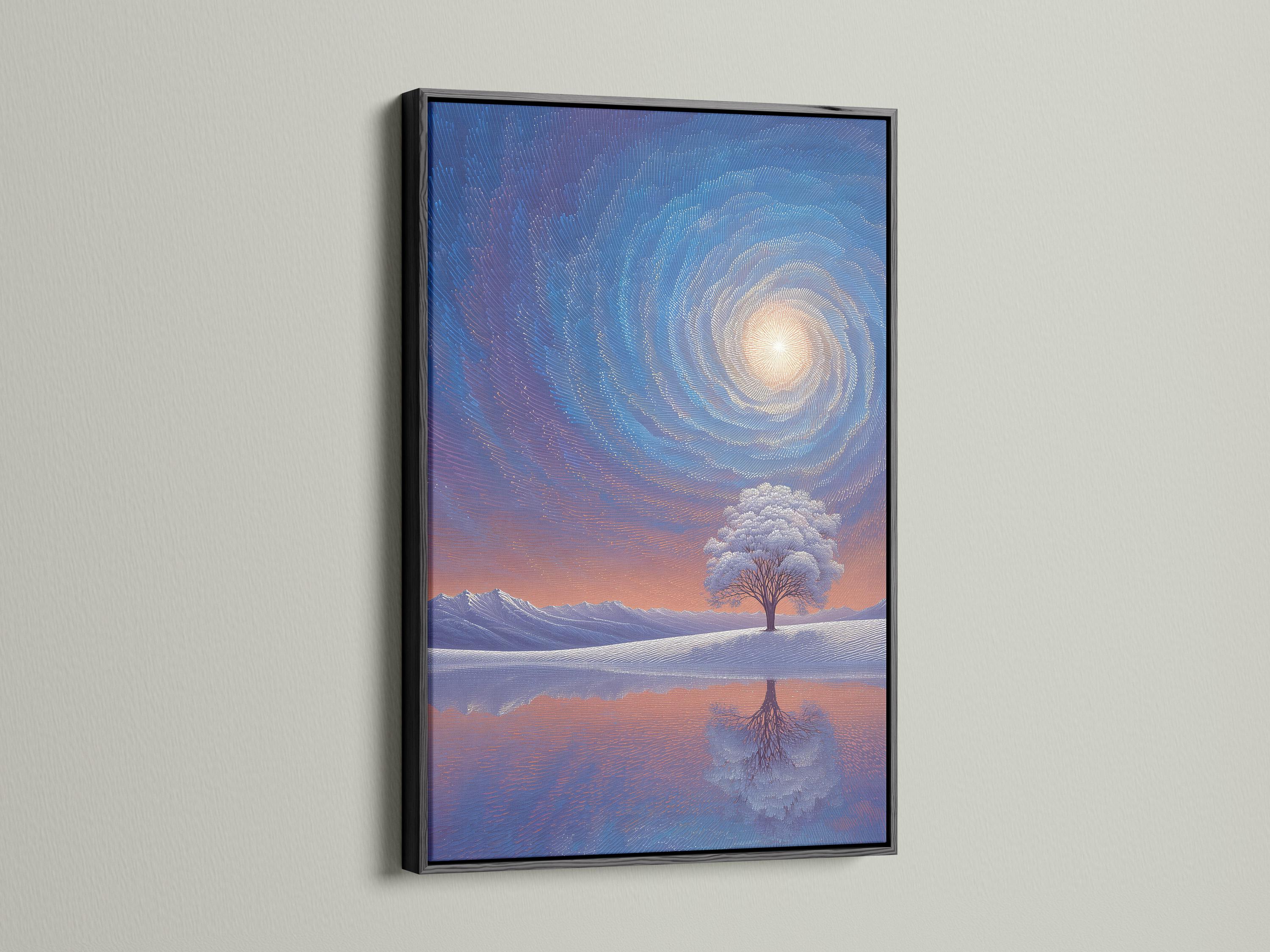 Winter landscape with a lone tree, snowy ground, mountains, and a swirling blue sky with a glowing circle detail view