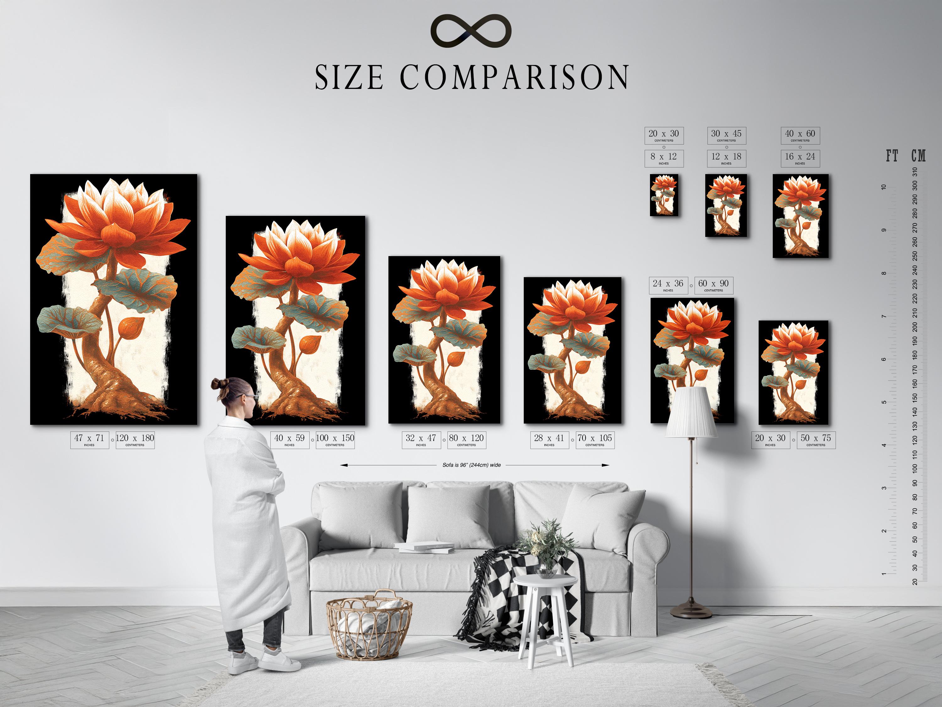 Room mockup showing a portrait lotus flower artwork with burnt orange petals and teal leaves