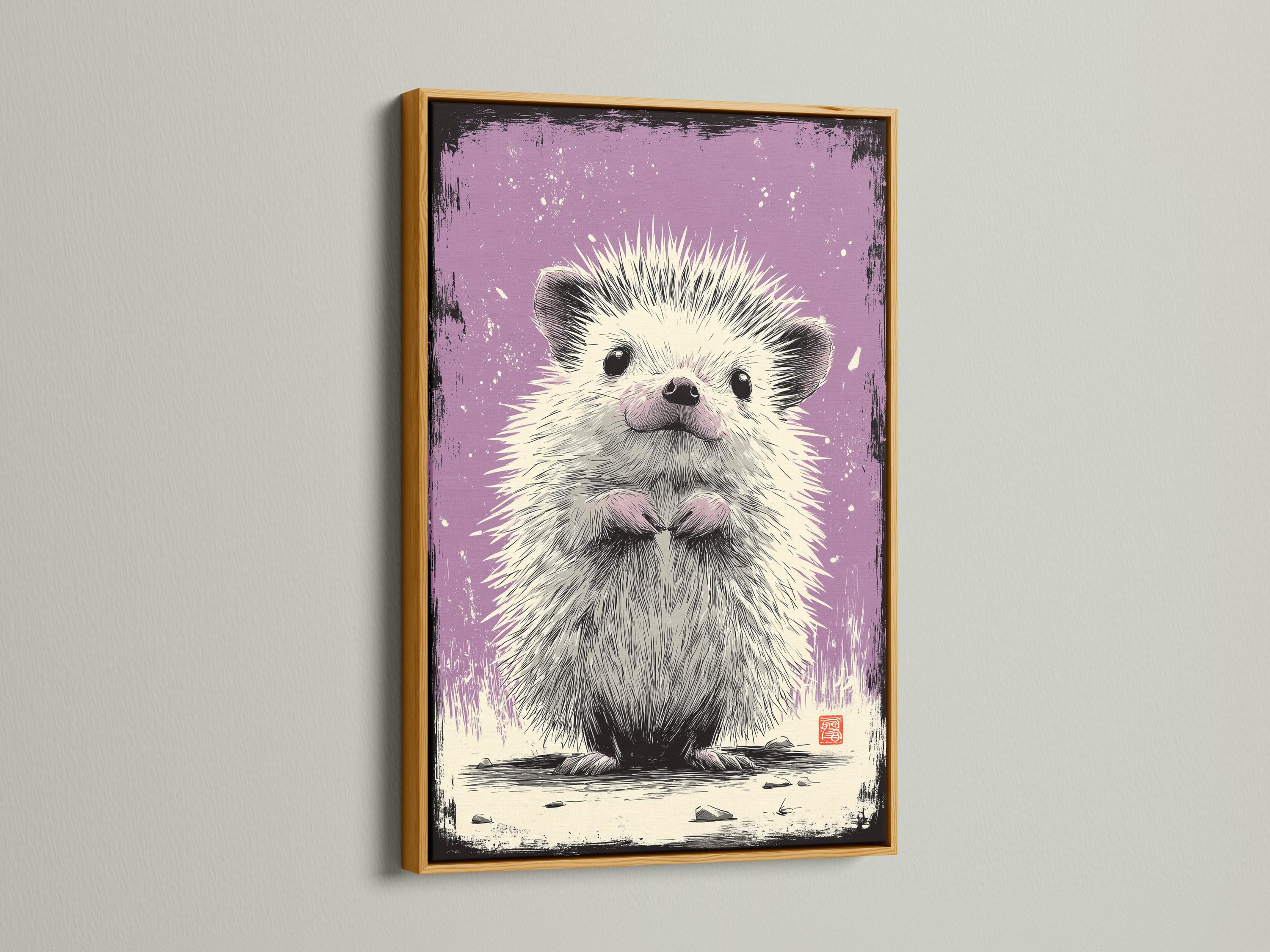 Hedgehog artwork shown in a framed wall mockup on a light background