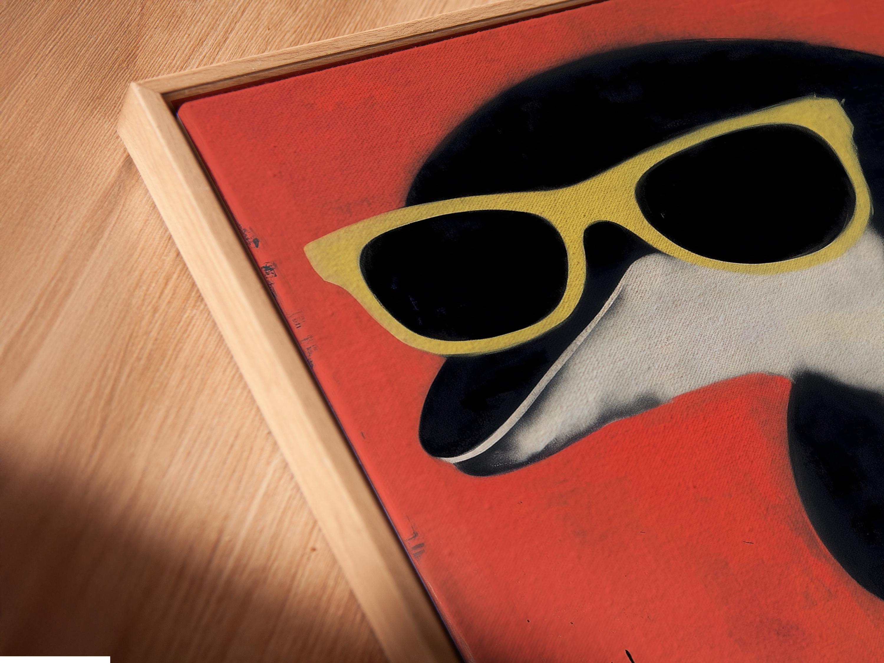Stylised dolphin wearing oversized sunglasses against a coral red background with teal wave-like colours detail view