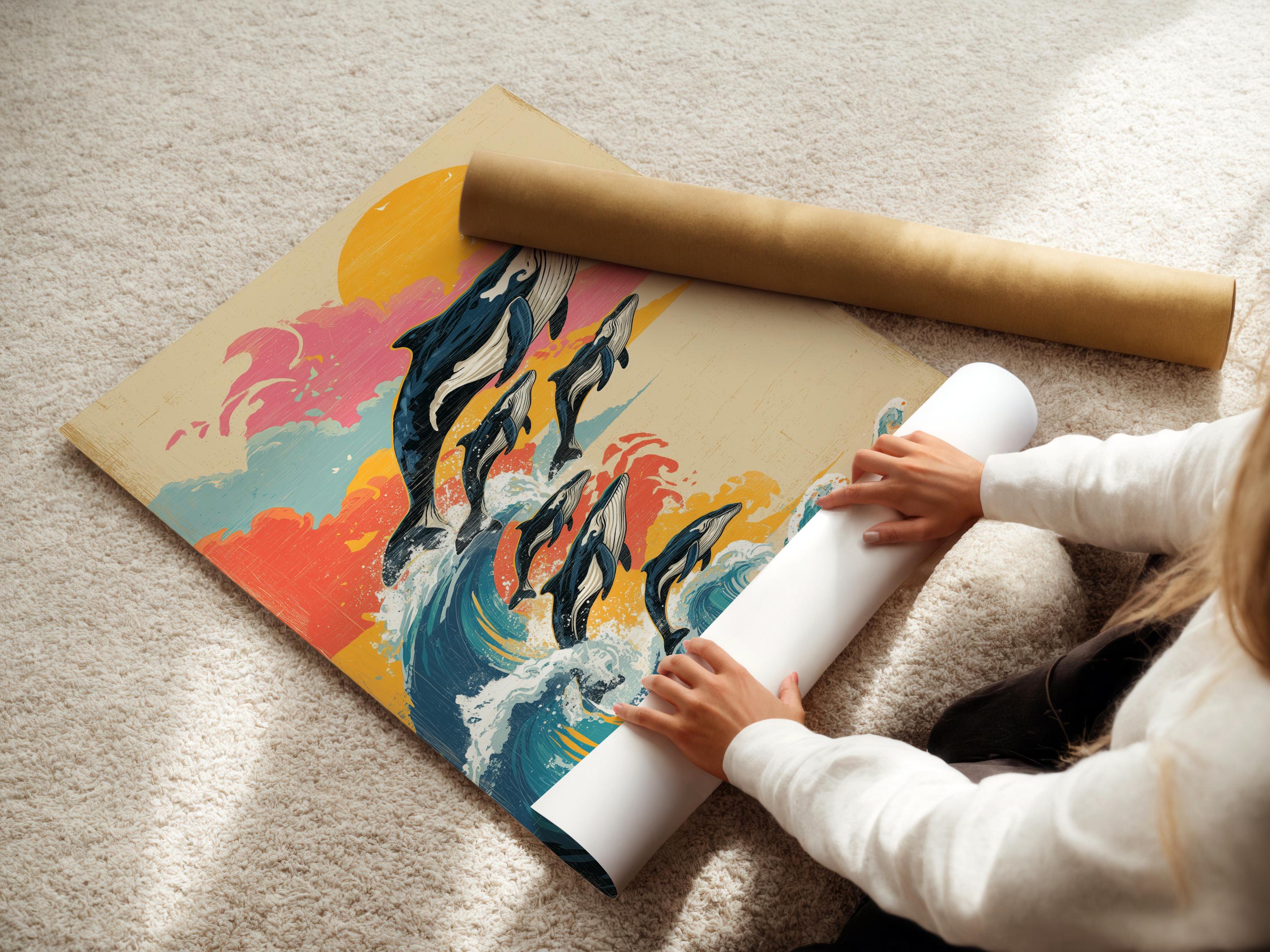 Retro ocean artwork with stylised whales jumping through foamy waves under a large orange sun detail view