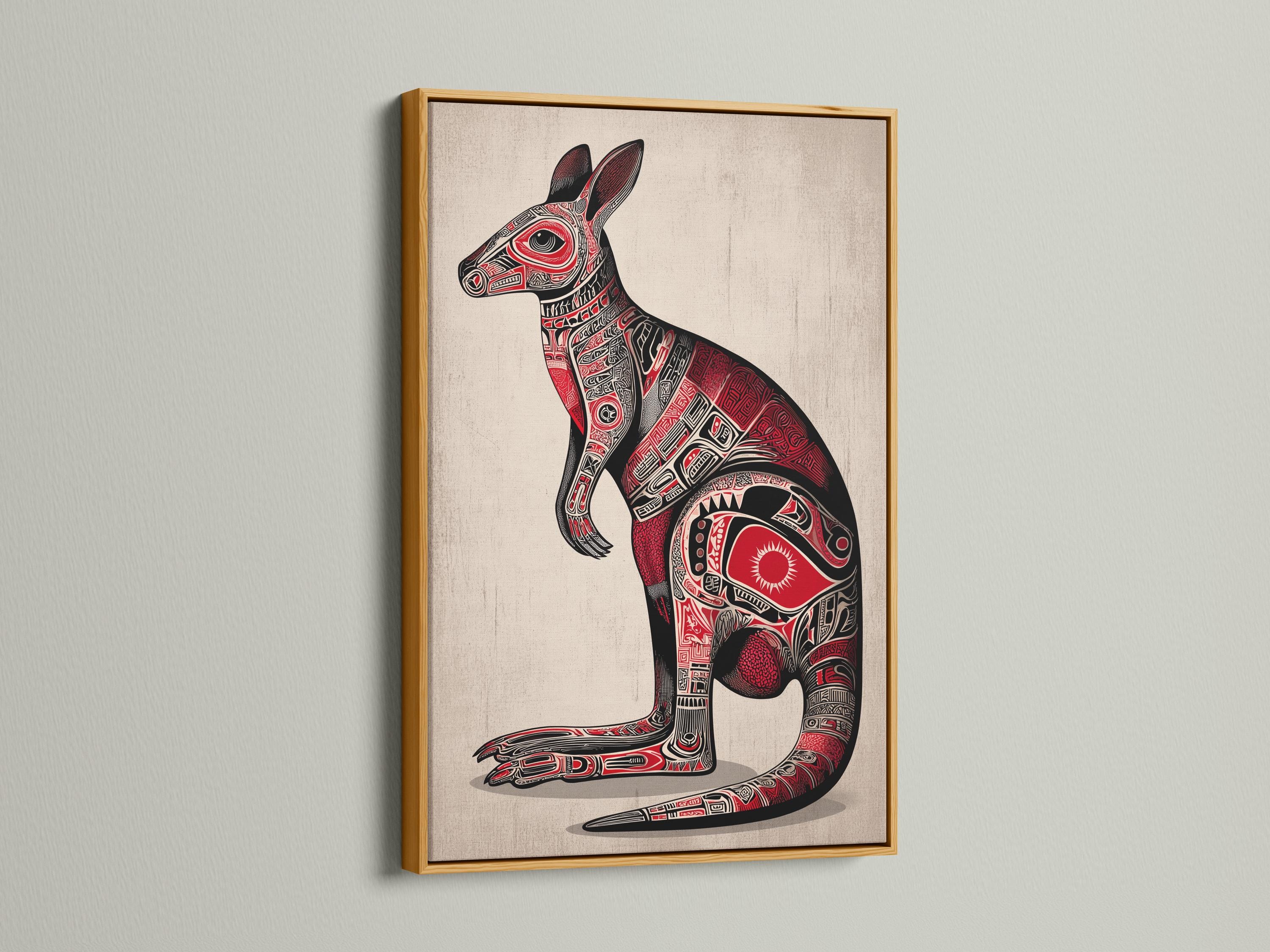 Stylised kangaroo illustration in black and red with detailed tribal patterns detail view