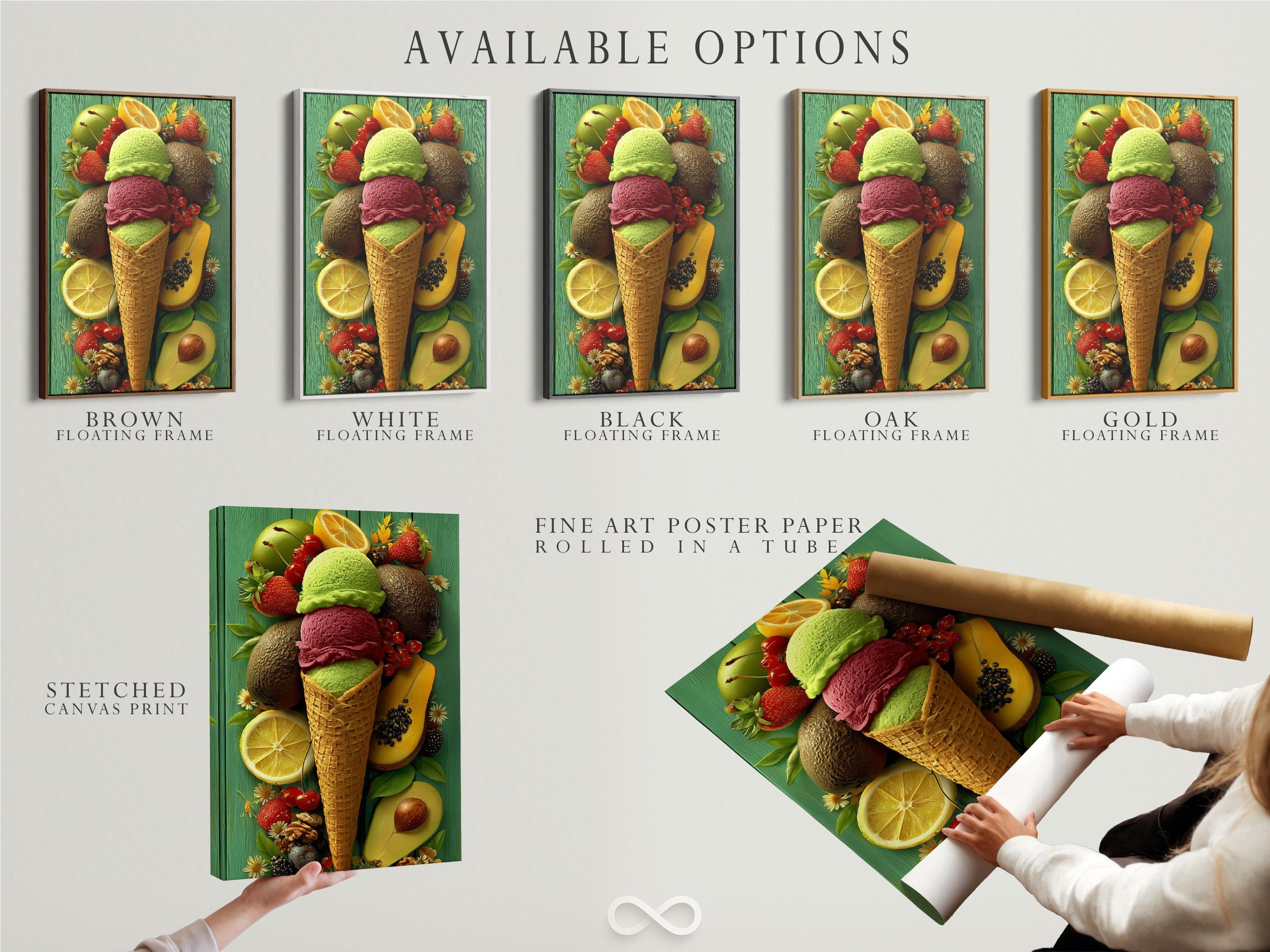 A vivid illustration shows an ice-cream cone filled with green, pink and brown scoops, topped with surrounding fruit and small flowers on a teal
