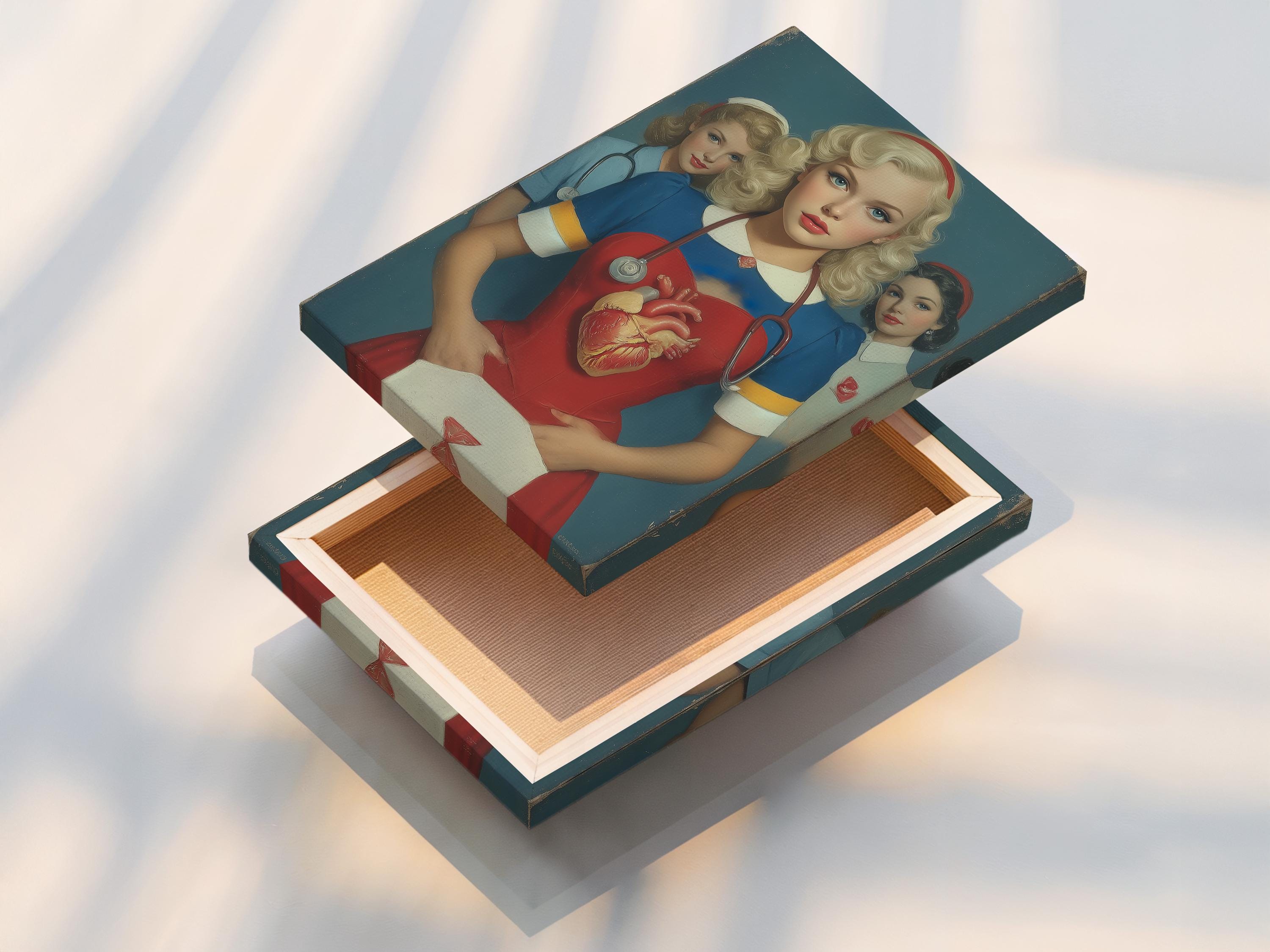 Vintage portrait of three nurses with a central anatomical heart and stethoscope detail view