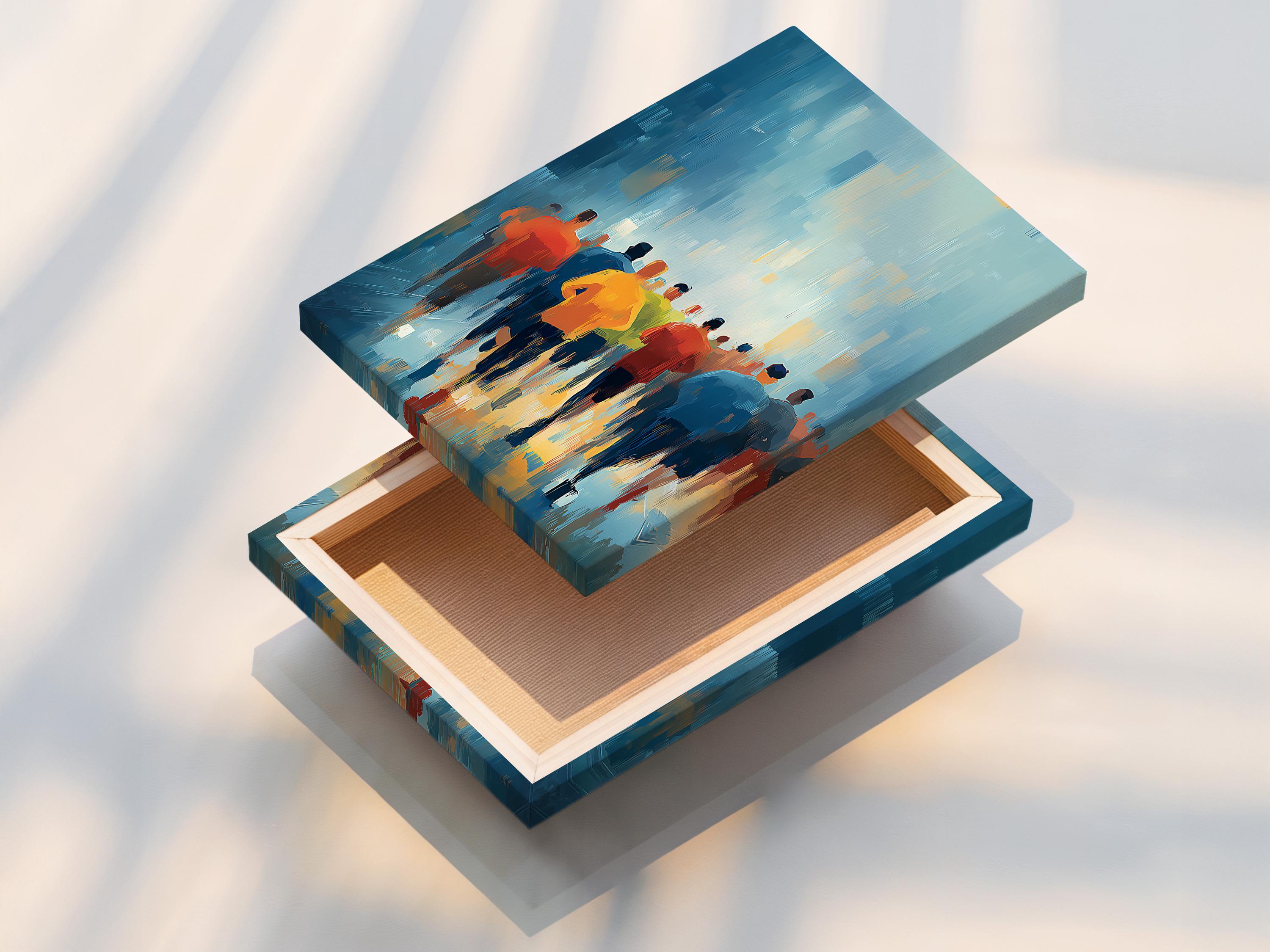 Framed artwork mockup showing stylised runners on a blue city-like background