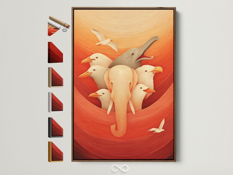 Illustrated elephants surrounded by flying birds on a warm red-orange background