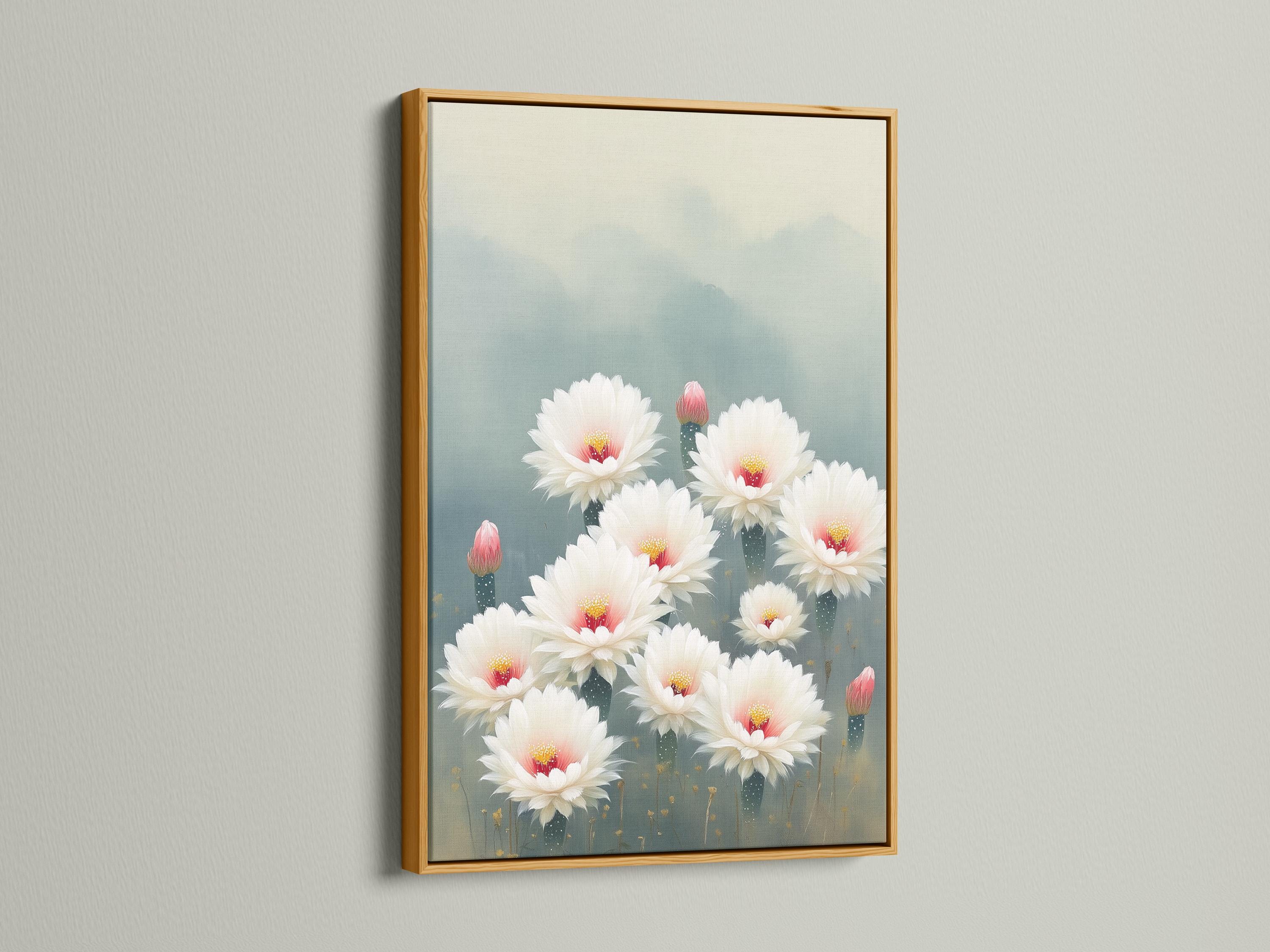 White cactus flowers with pink-red centres and gold specks on a blue-grey background detail view