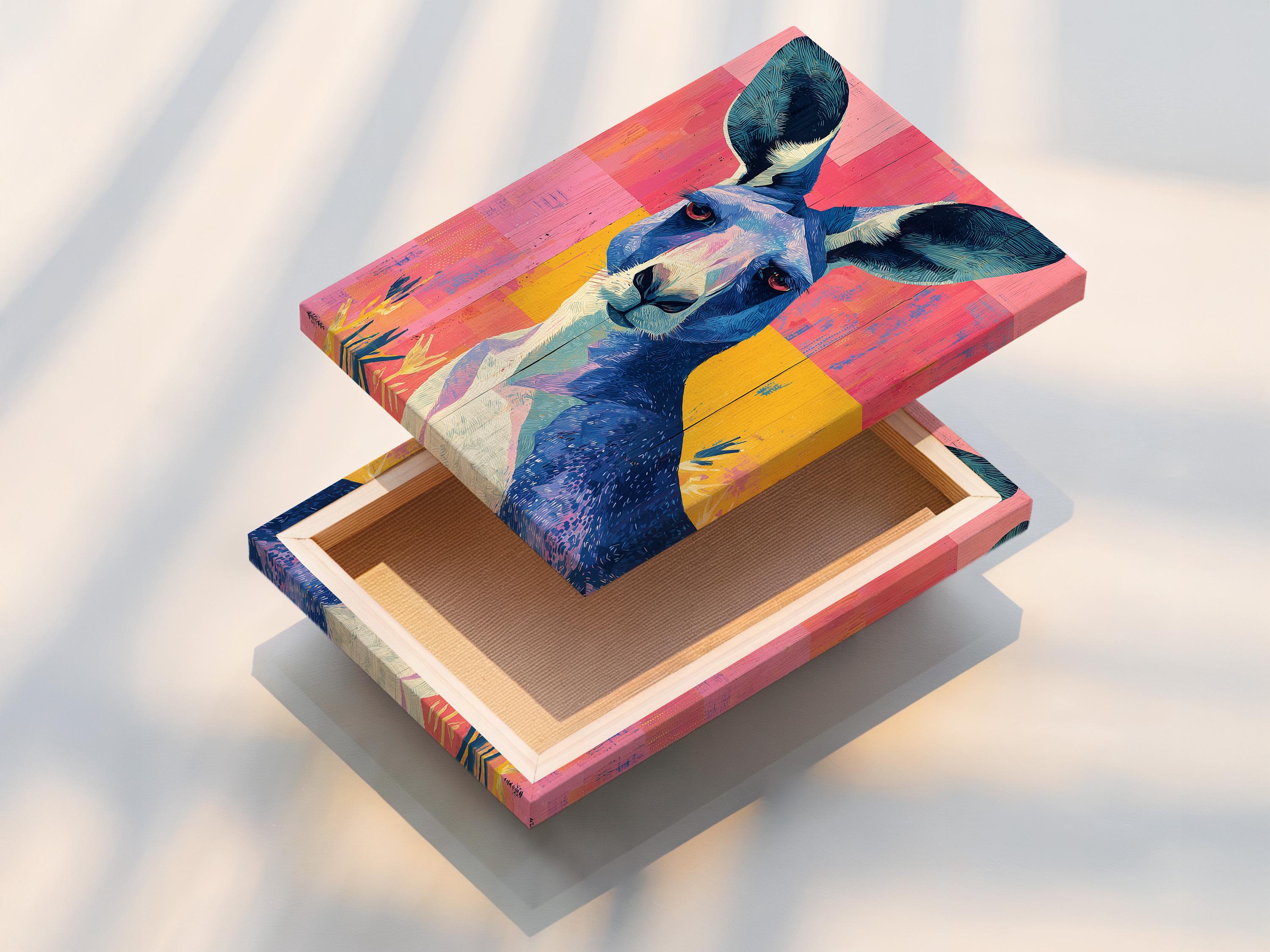 Stylised kangaroo portrait in deep blue and cream on a hot pink and yellow colour-block background detail view