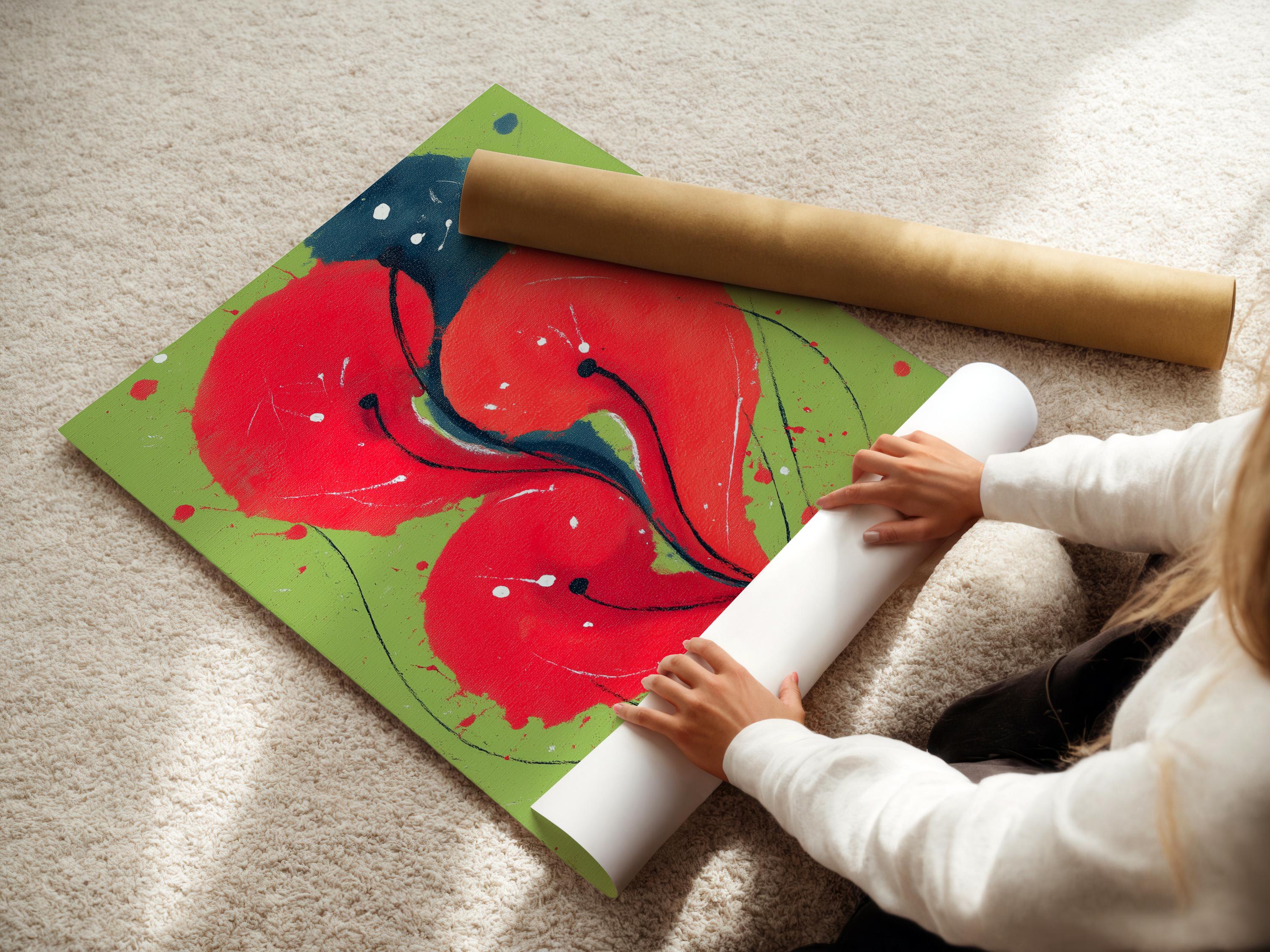 Abstract floral artwork with red blooms and deep blue petals on a lime green background detail view